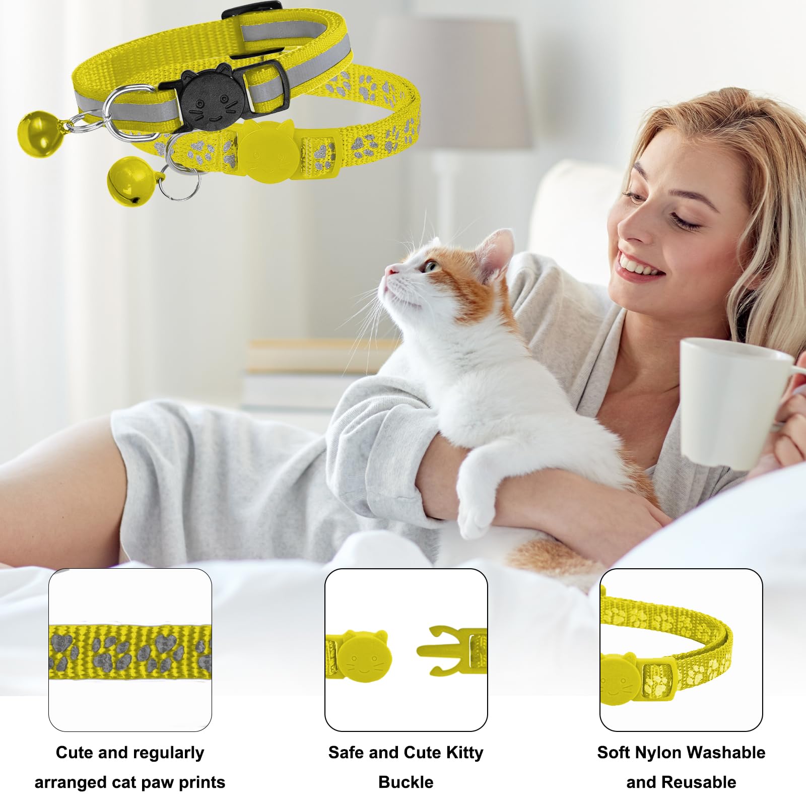 NeuWook Reflective Cat Collars with Bells, 2 PACK Safe Quick Release Cat Collar Adjustable 19-32cm for Cat Puppy (Yellow) - Image 4