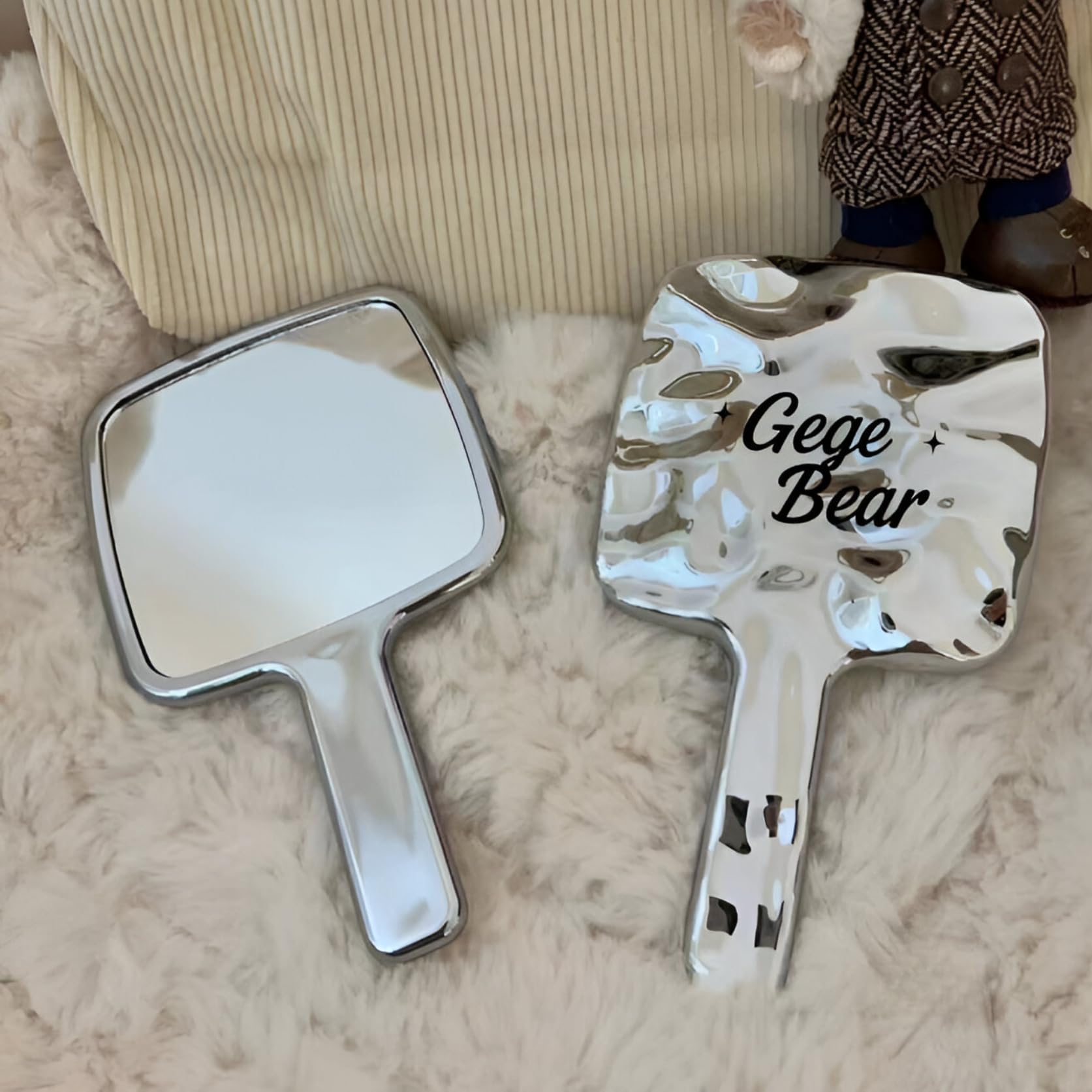 Gege Bear Handheld Makeup Mirror | Metallic Silver Finish | Square Shape with Rounded Edges | Unique Wavy Textured Back Design Mirror | 10cm x 17cm Lightweight Easy to Carry for Women Girls-image-25