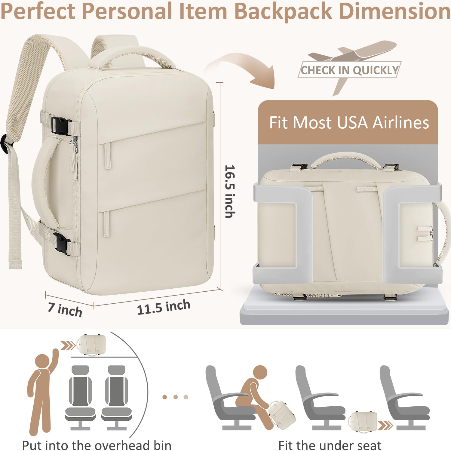 Tenot Carry on Backpack for Women TSA Approved 15.6 Inch Travel Laptop Backpack for Women Travel Essentials Foldable Womens Travel Backpack Suitcase Beige