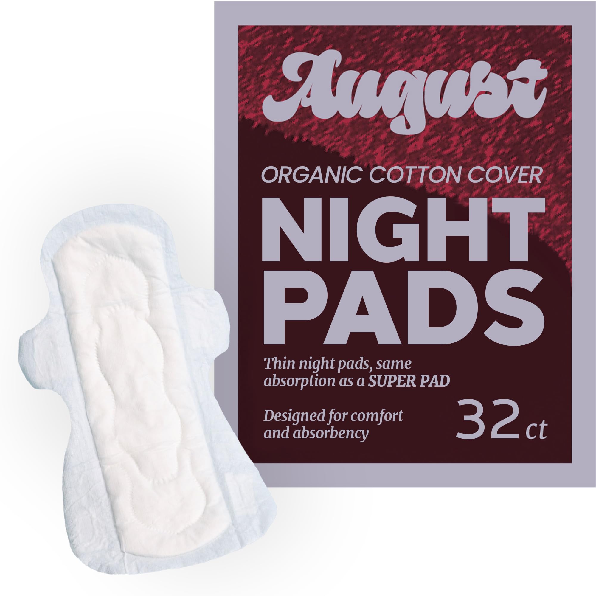 August Organic Menstrual Night Pads, 100% Certified Organic Cotton, Compostable Wrappers, Toxin Free, Fragrance Free, Hypoallergenic, 32 Pads