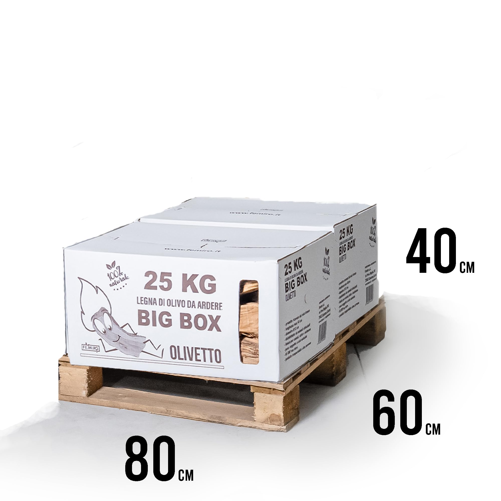 BIG BOX FEMIRO - Legna da ardere in SCATOLE da 25 Kg. Legna di olivo su bancale ideale per camini, stufe, forni, pizzerie e barbecue. Confezioni da 25 a 500 kg. (50 Kg)
