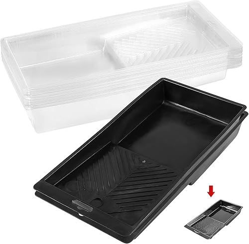 Paquete de 18 bandejas de pintura de plástico transparente, 2 bandejas de rodillo de pintura de carcasa dura negra con 16 bandejas de pintura