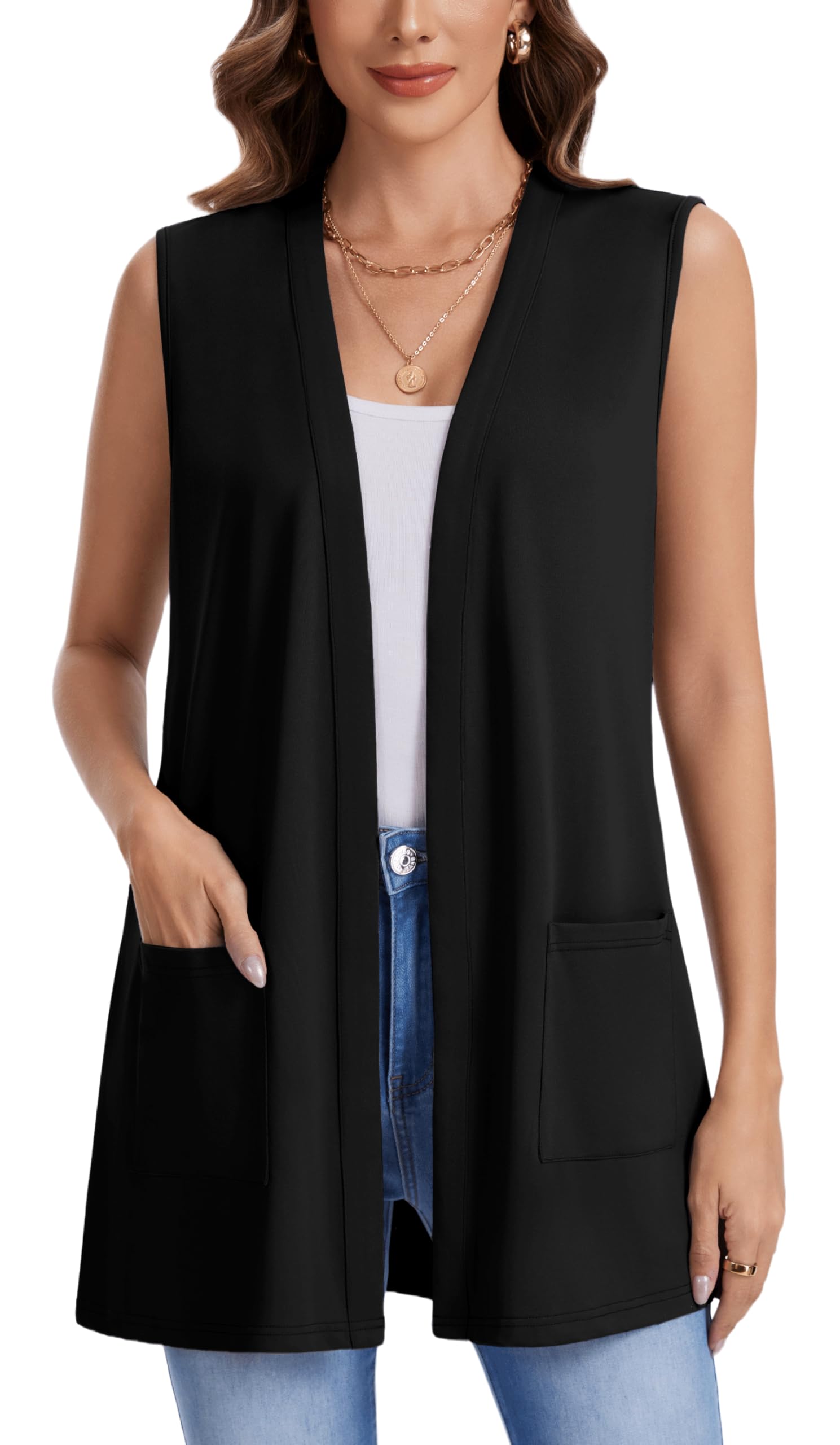 Actcat Damen Ärmellose Strickjacke mit Taschen Leichte Sommer Weste | Sommer Weste,Offene Vorderseite,Leicht & luftig,Lässig elegant,Modern,Stylisch