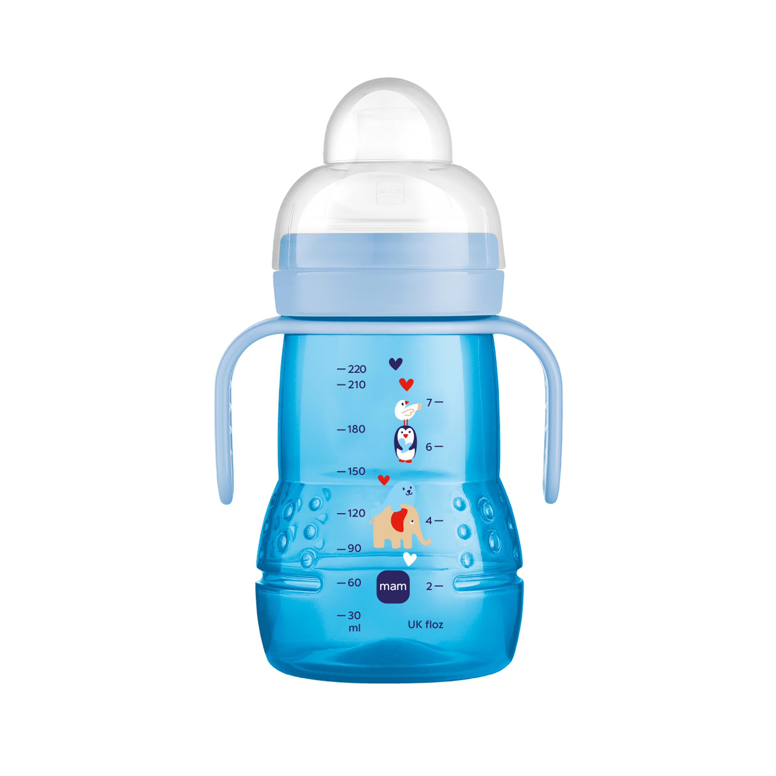 MAM Trainer+ (220 ml), Trinklernflasche für den Übergang zum Becher, Trinklernbecher mit tropffreiem Sauger, Trinkschnabel & Haltegriff, 4+ Monate, Elefant