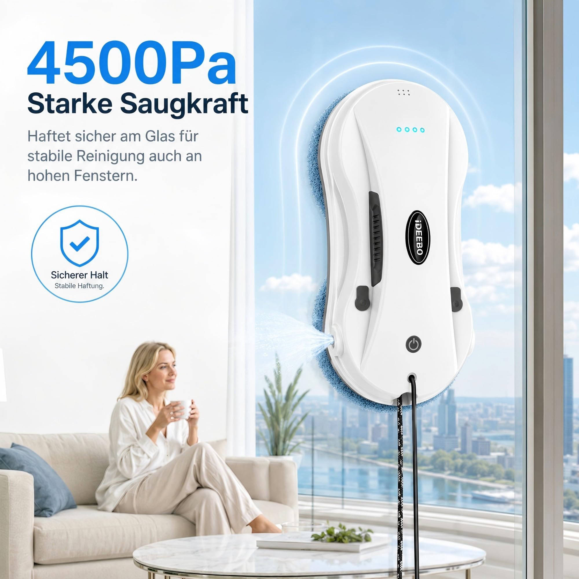 Fensterputzroboter, Fensterroboter mit 2-Fach Sprühsystem, Automatischem Wegplanung, Mehrfachschutz, Fensterreiniger Roboter Elektrisch für Reinigung verschiedener Arten von Fenster