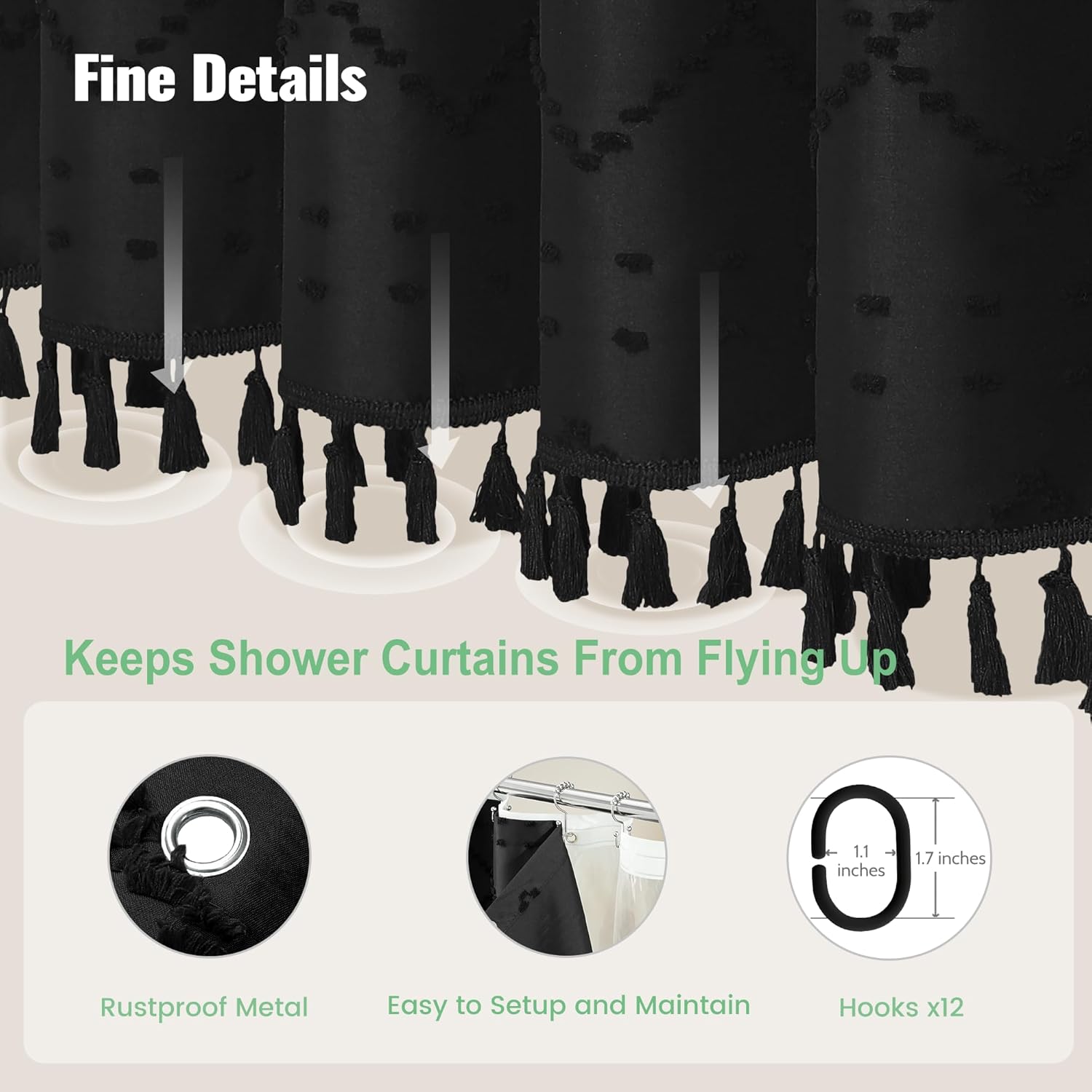 Dynamene Long Shower Curtain and Liner Set - 78 inch Tall Boho Shower Curtain and Waterproof Clear Liner, Tufted Geometric Striped Textured Tassel Shower Curtains for Bathroom, 12 Hooks, 72x78, Black