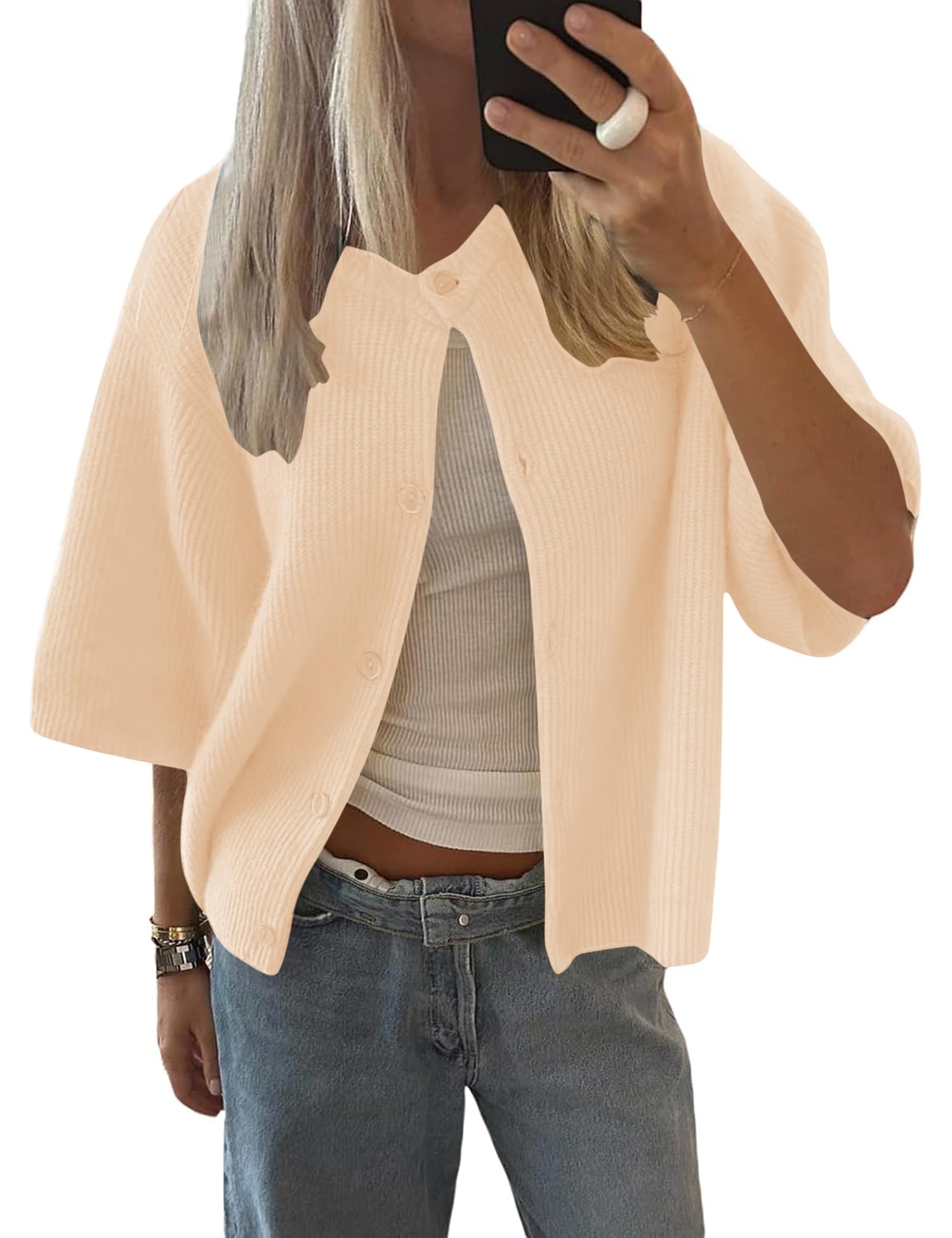 Lomon Womens Spring Summer Short Sleeve Cardigan Sweaters Trendy Crew Neck Button Down Lightweight Knit Outfit Y2k Clothes