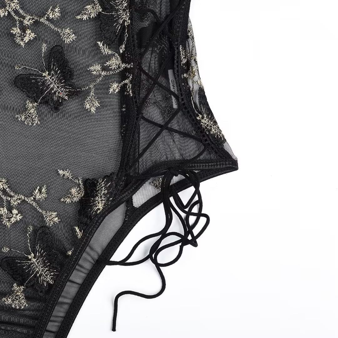 Lilosy Women Sexy Lace Up Floral Embroidered Teddy Lingerie Bodysuit Top Mesh Sheer One Piece: Medium Butterfly Black