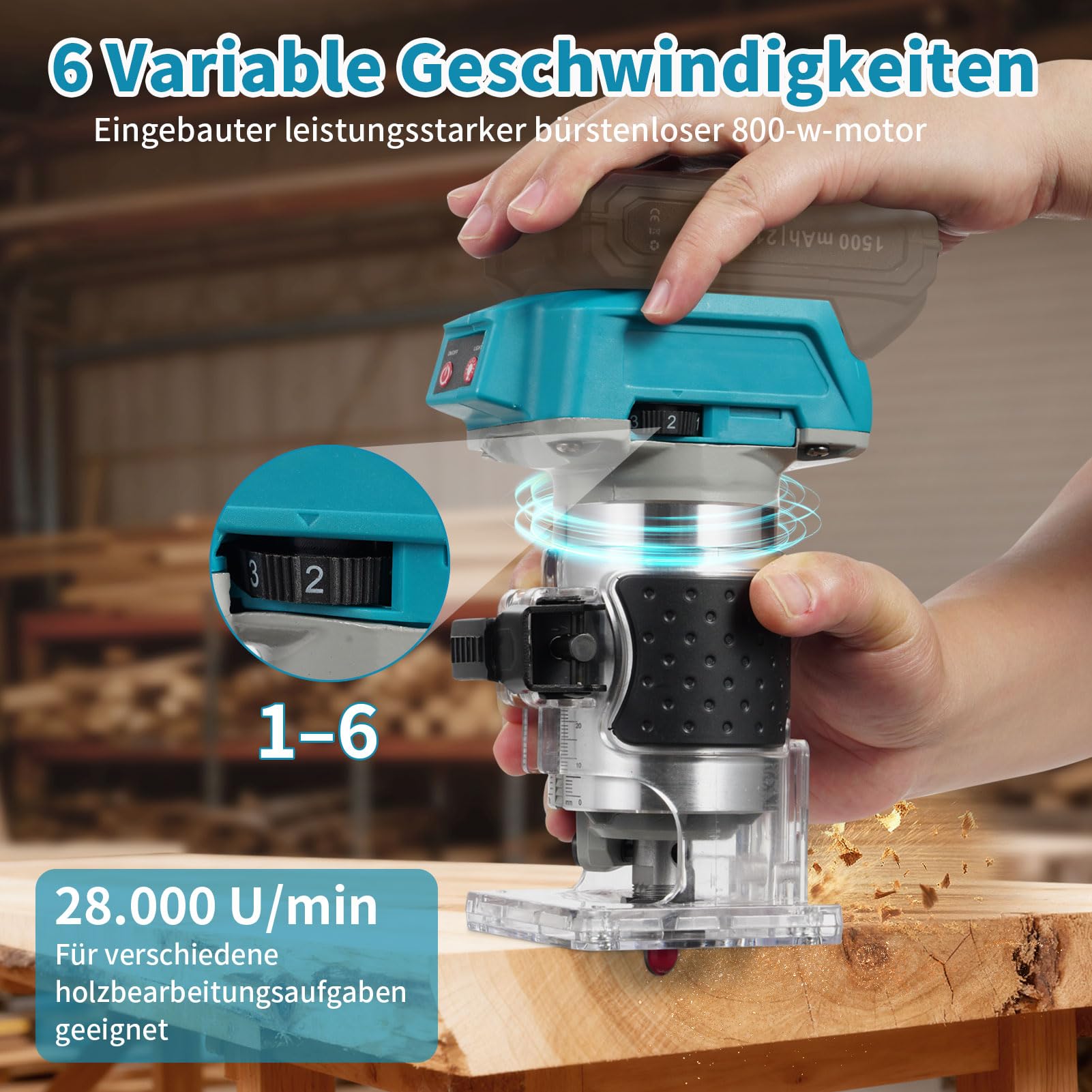 Fresadora con batería de 18 V, 6 niveles ajustables, fresadora de cantos con iluminación LED | Juego de fresas de 15 piezas, 6,35 mm, fresadora manual para proyectos de bricolaje, como tallado de madera y cortes