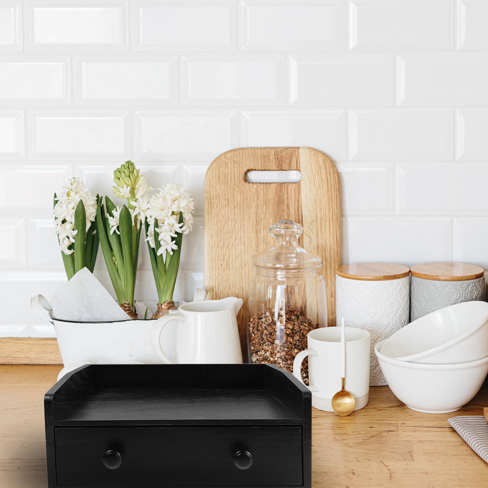 BESPORTBLE Organizador de Madera para Cápsulas de Café y Bolsitas de Té, Cajón Extraíble Negro, Almacenamiento de Sobremesa Resistente, Estación de Café para Cocina y Oficina, Caja Práctica
