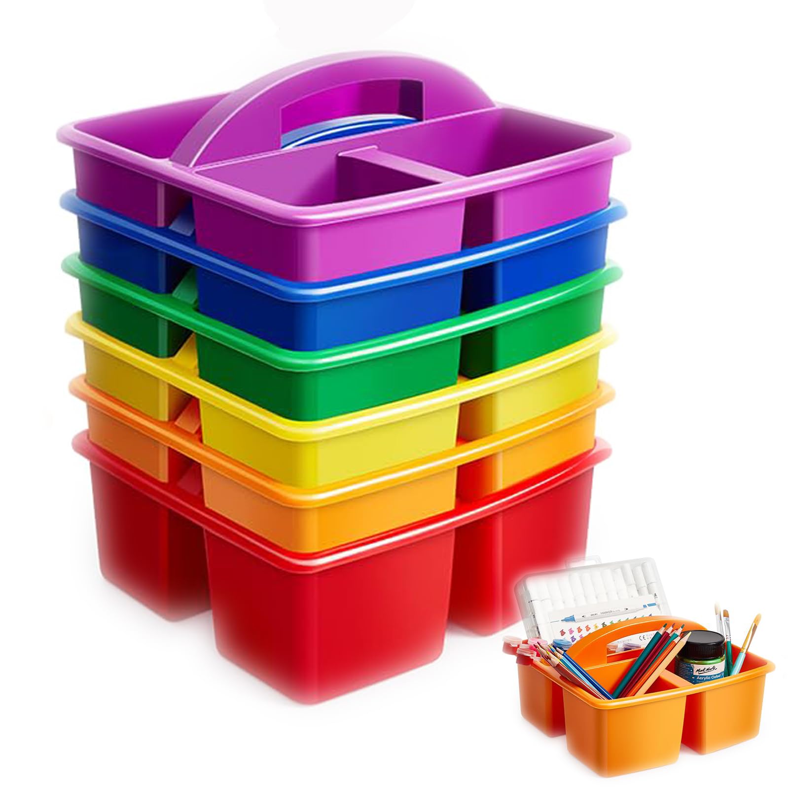 6 Pack Portable Divided Storage Caddy, Multi-Grid Plastic Basket, Kindergarten Painting Tool Brush Stationery Organizer, Stackable Storage Boxes for Schools, Offices