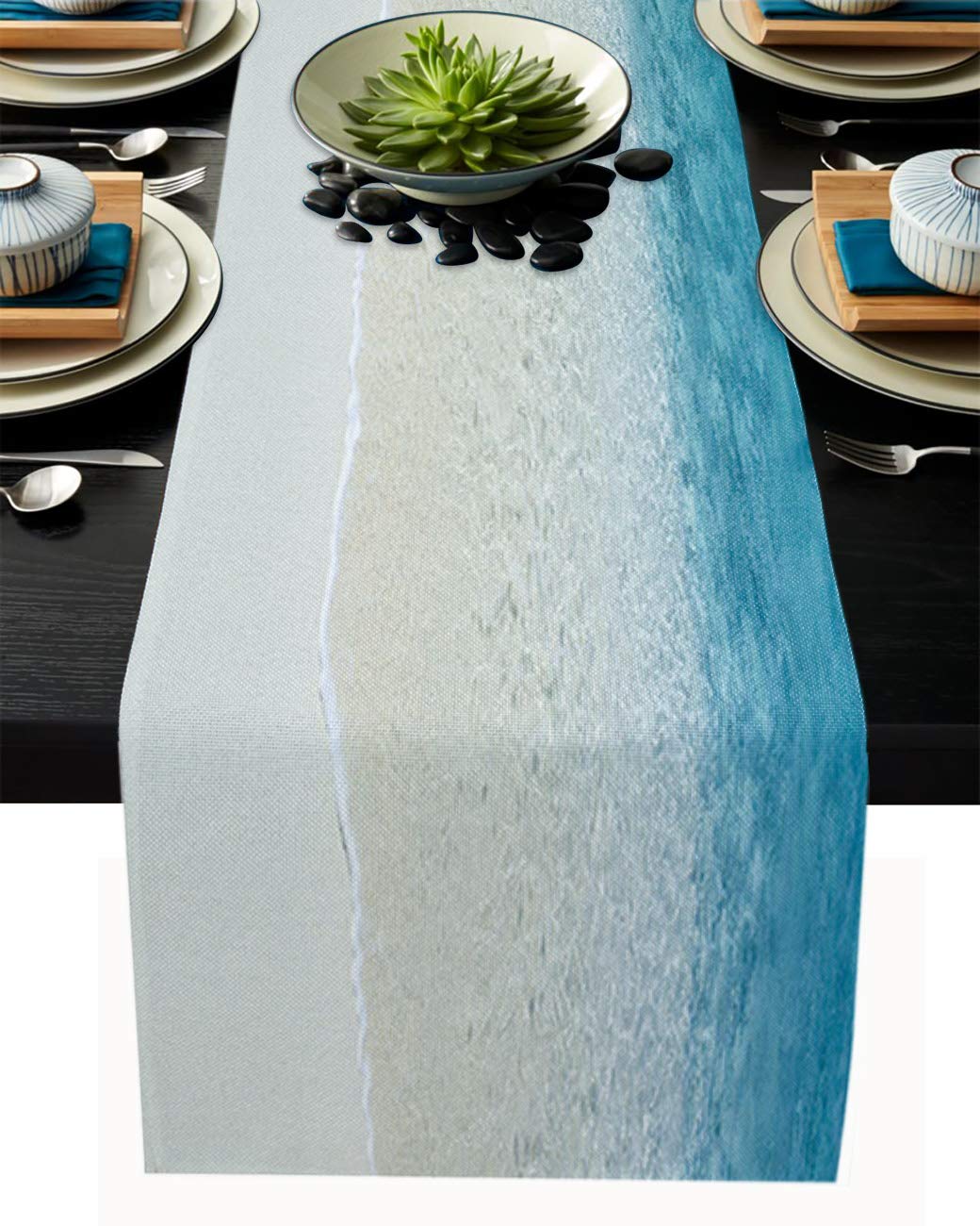 Homeinn Farmhouse Table Runner Dresser Scarves for Kitchen Dining Party Decor, Ocean Blue Sea Water White Sand Beach Themed Burlap Linen Tabletop Cover Indoor Outdoor Tables Use - 13 Inchx120 Inch