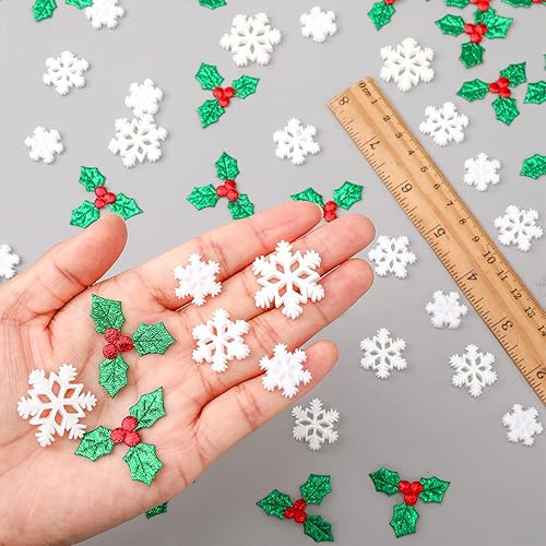 Miniatura 9 de 50 piezas de decoración de copos de nieve de resina, 100 piezas de dijes de hojas de acebo y bayas de Navidad, adornos de Navidad en forma de nieve,