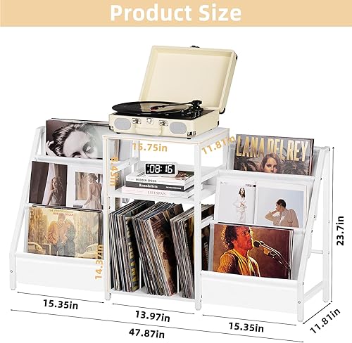 Miniatura 3 de LELELINKY Mesa para tocadiscos, estante giratorio con almacenamiento de vinilo de hasta 180 álbumes, mesa auxiliar blanca con estante para libros