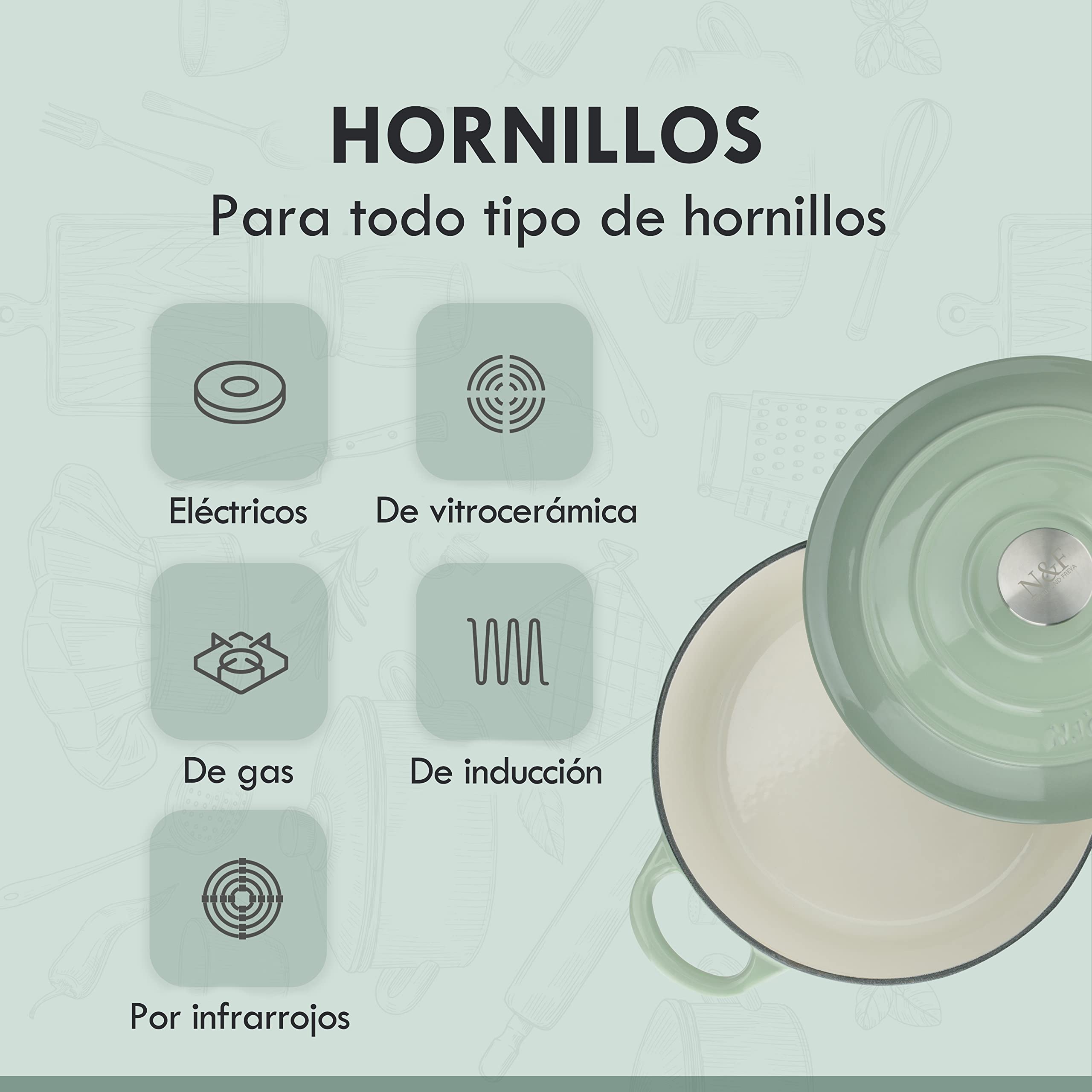 Njörd & Freya - Cazuela de Hierro Fundido, 24 cm de Diámetro, Cacerola con Tapa, Olla de Hierro Fundido, Revestimiento Esmaltado, Apto para Todo Tipo de Cocinas e Inducción