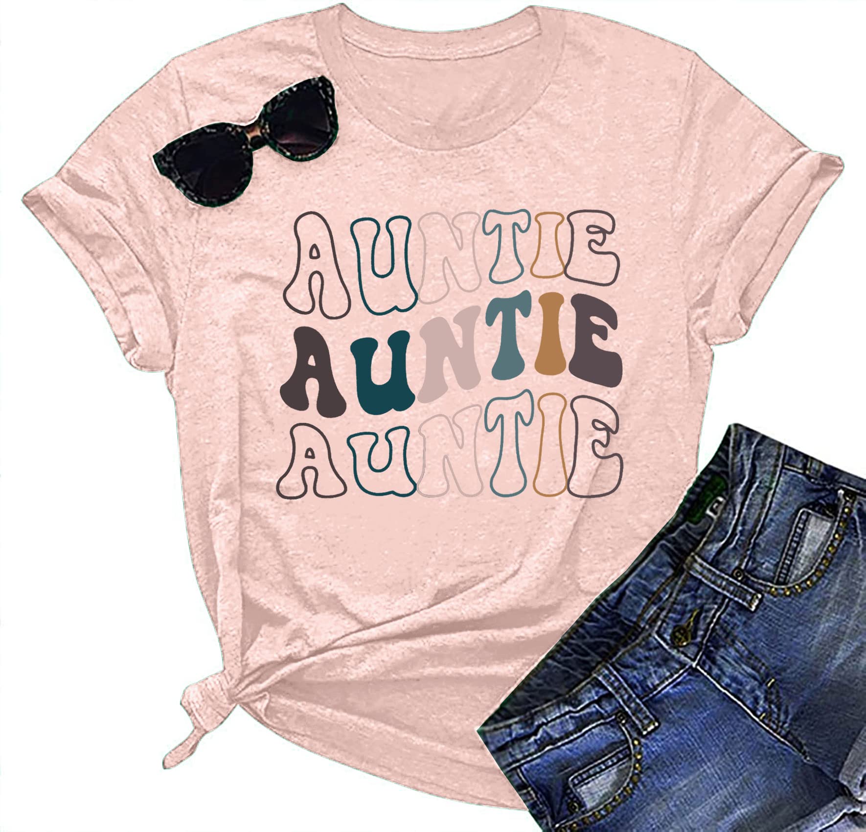 Auntie T Shirt Women Cute Love Heart Print Bless Aunt Tops Tees Casual Short Sleeve Vacation Shirts Tops