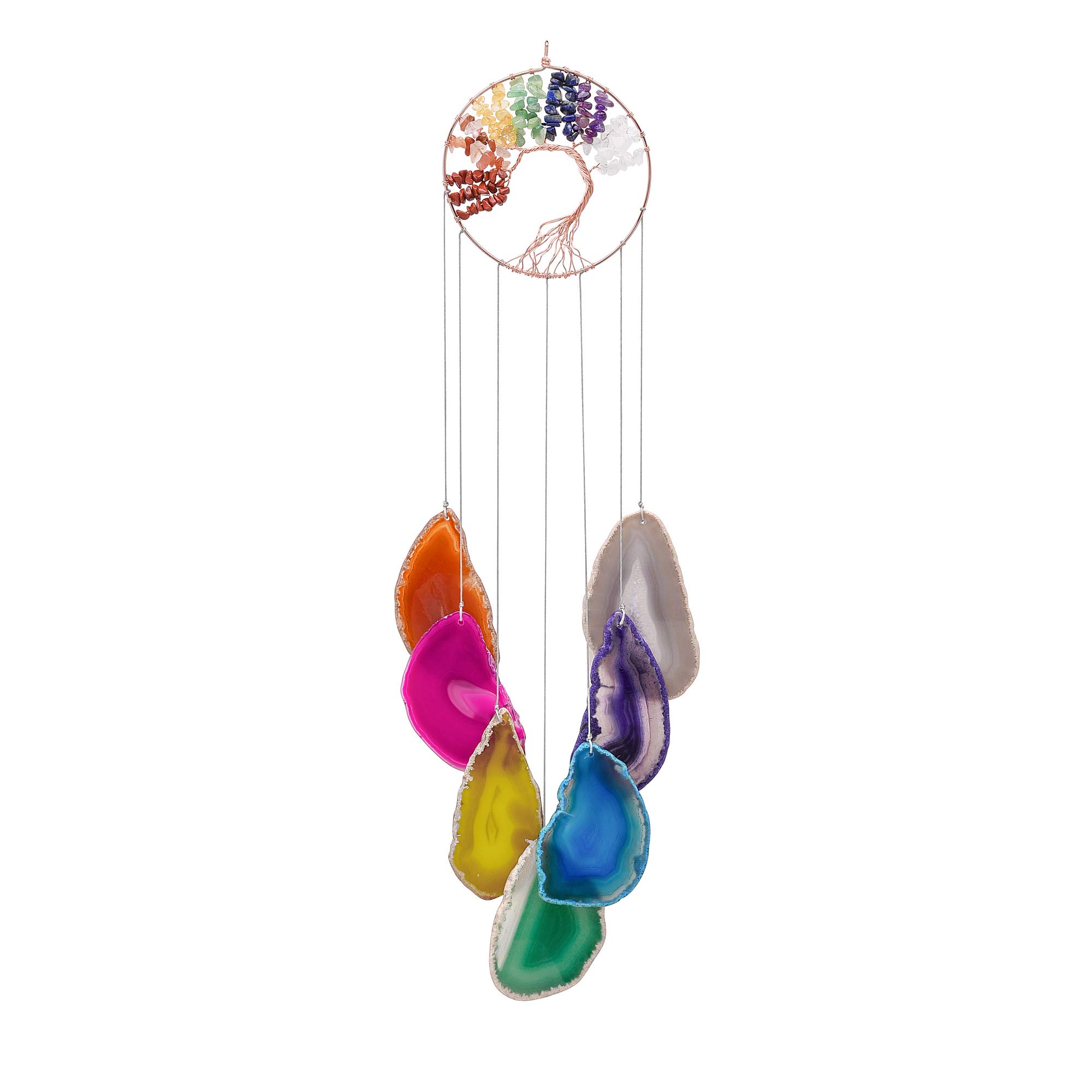 Mangsen 7 Chakra Tree of Life Agate Stone Wind Chimes Reiki Healing Stone Wall Hanging Ornament with Hook for Indoor Outdoor Good Luck Decoration