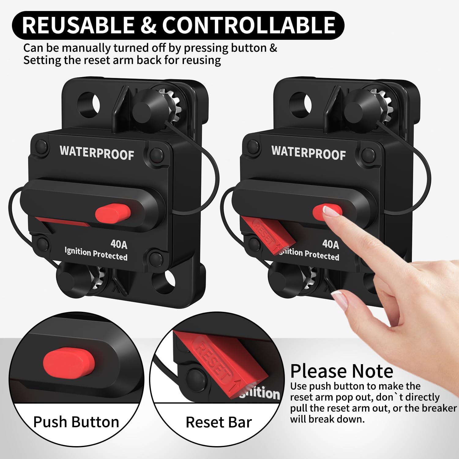 DaierTek 40 Amp Circuit Breaker 12V - 48V, 12 Volt DC Circuit Breaker 40A Waterproof with Manual Reset Inline for Marine Boat Automotive Car Truck RV ATV UTV Audio -2Pack — Amazon image 4