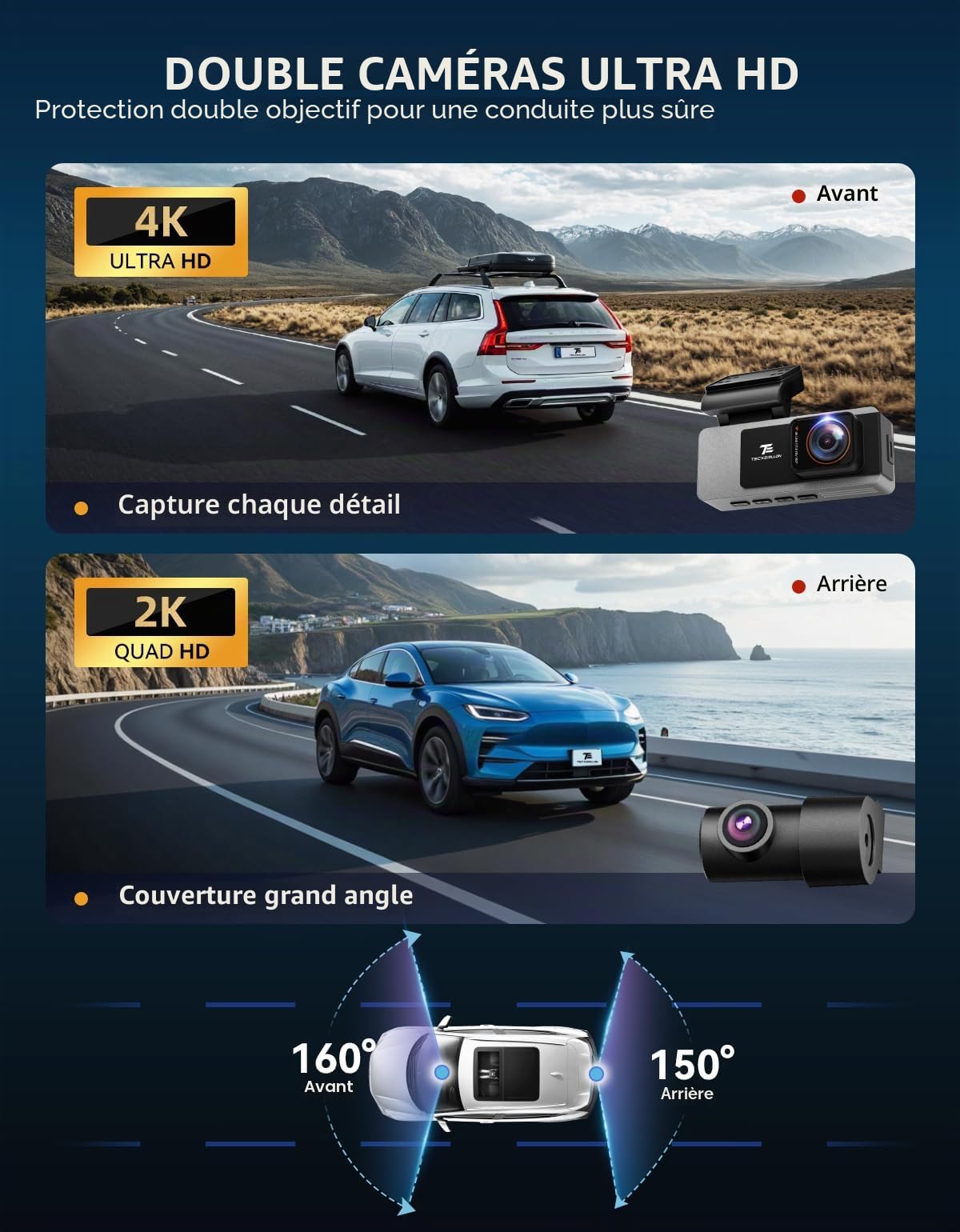 TECXERLLON Caméra embarquée avant et arrière, double caméra de tableau de bord 4K, caméra de tableau de bord pour voiture avec vision nocturne étoilée, grand angle 160° avant et arrière 150°, GPS, WDR