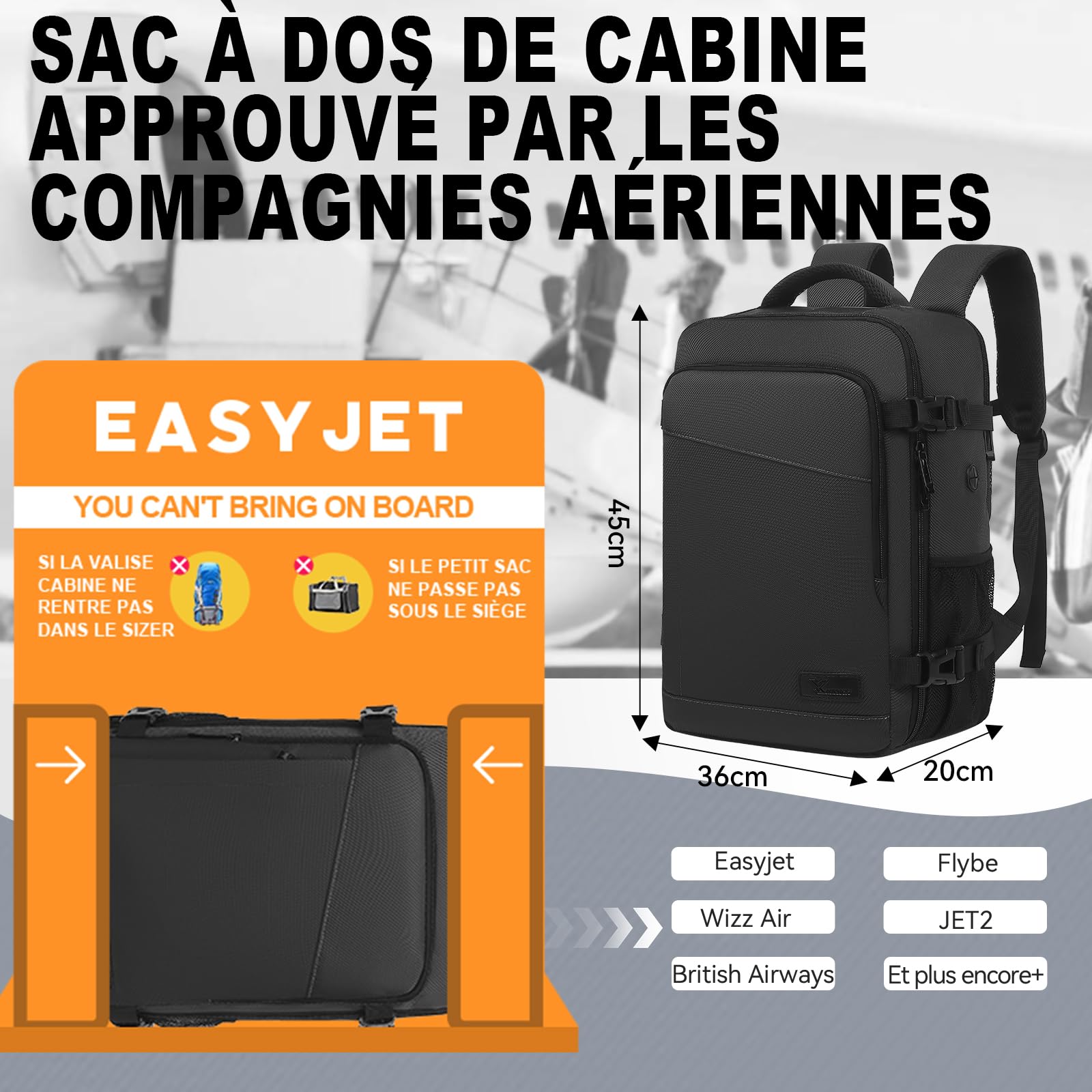 Yankony Sac a Dos Voyage Cabine Avion 45x36x20 pour Easyjet Sac de Voyage Résistant à l'eau & à Rayures Diagonales Homme Bagages Cabine sous Siège Femme sac à dos
