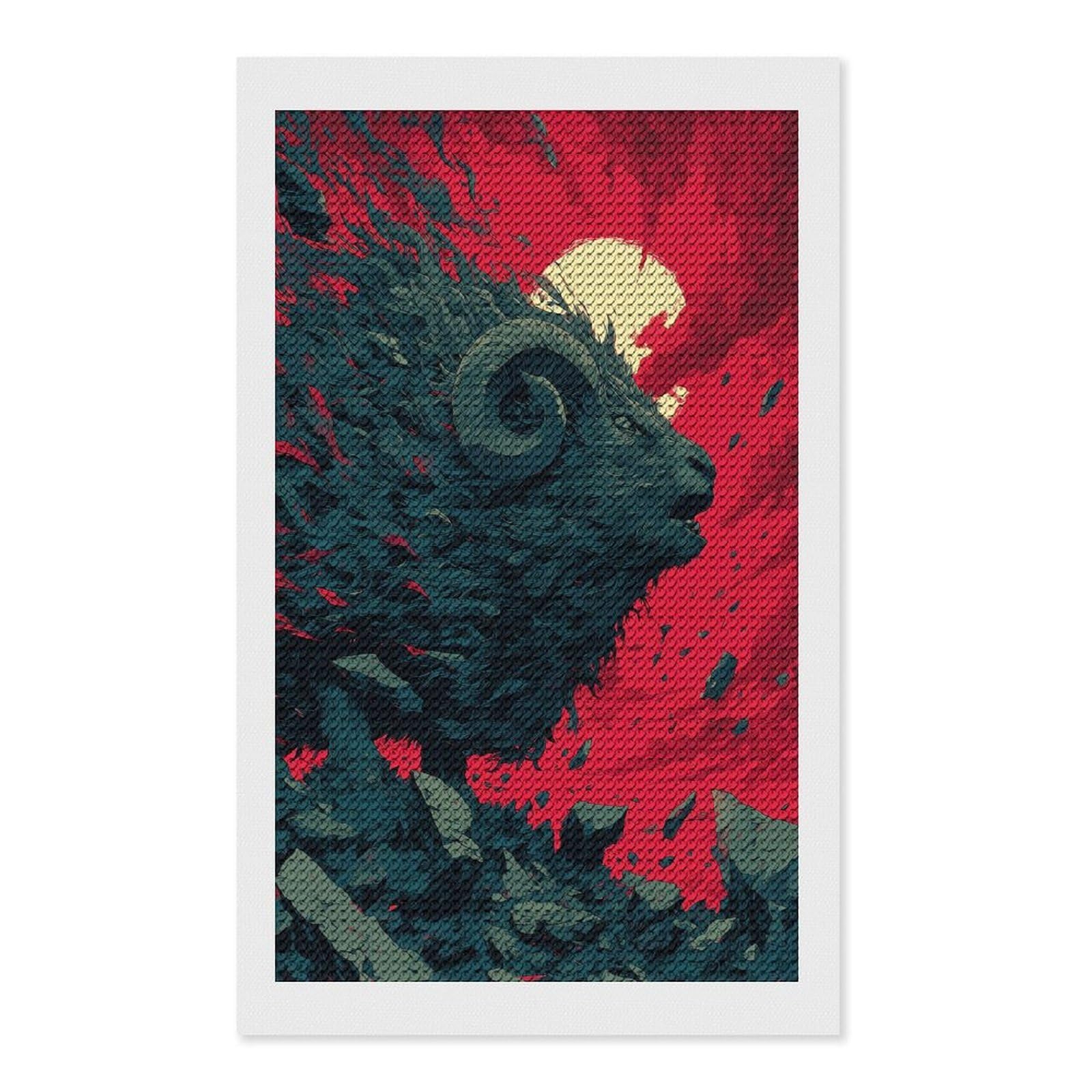 Junmoney Stylized Ram Illustration with Red Background Round Drill Diamond Painting 12"x20", for Adults, Creative Leisure Activity, Office Decor, Holiday Gift Idea