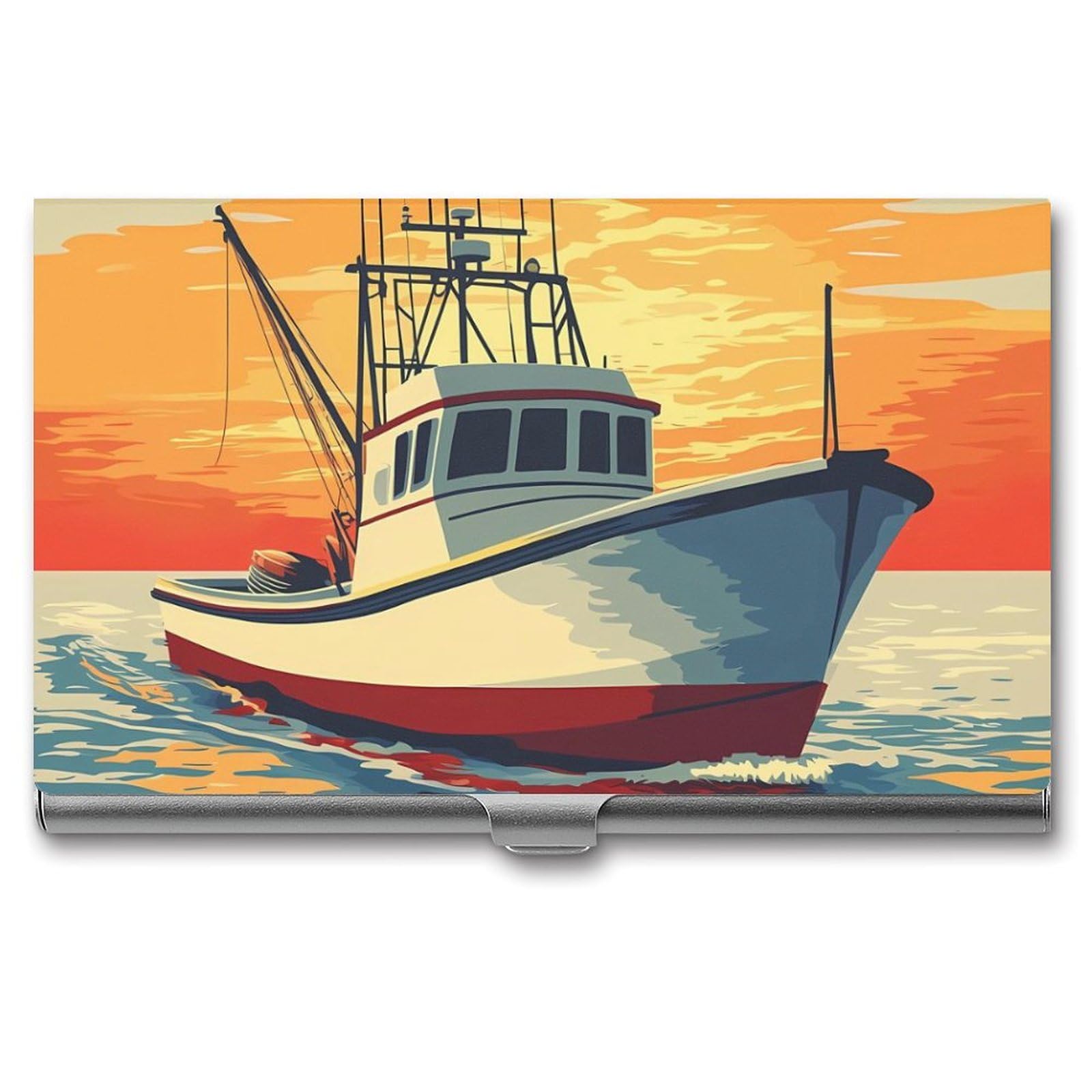 Sunset of A Yacht Slim Business Card Holder Wallet for Men & Women Pocket Metal Case 3.7x2.2x0.3 Inches