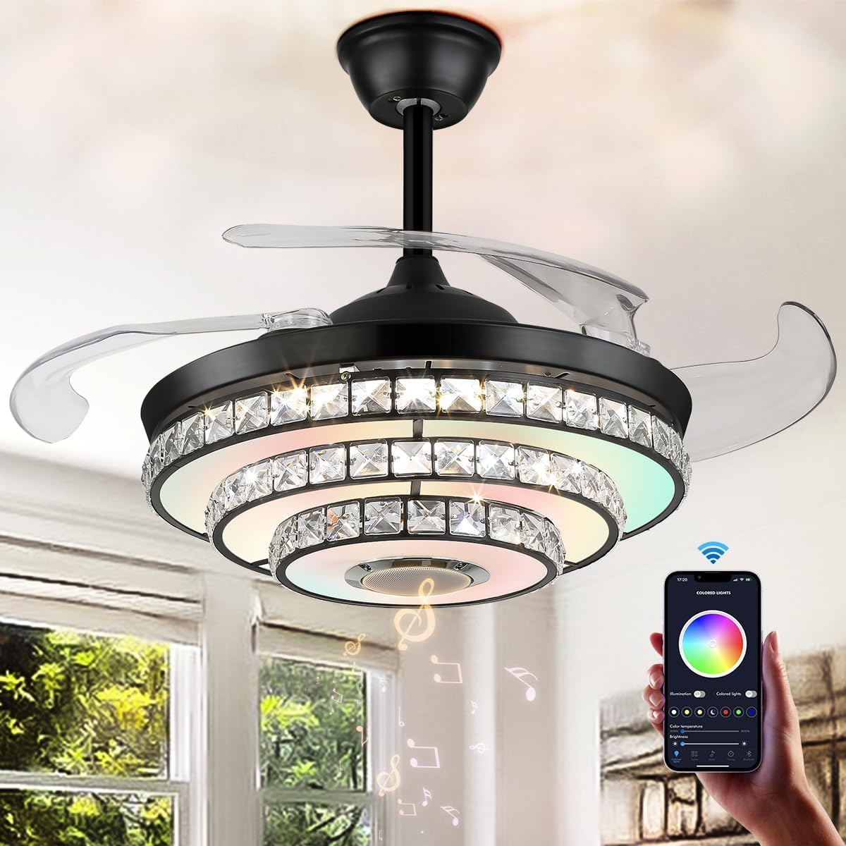 42" Retractable Crystal Ceiling Fan With Light – Fandelier, 3 Color Temperatures, Remote & App Control, DC Motor
