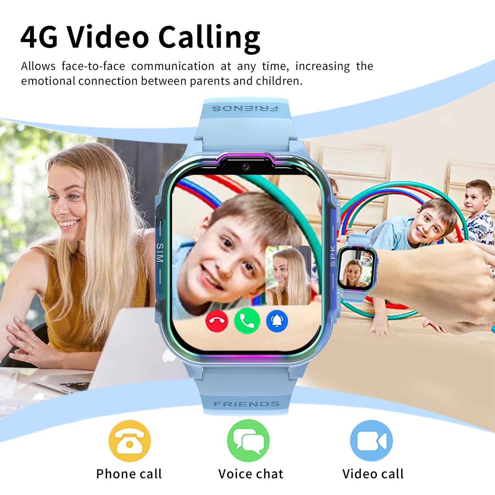 Montre Connectée Enfants 4G, Vidéo HD Appel avec Fonction Chat Familial, Écran Tactile 1,83 Pouces, SOS, GPS, Jeux, Mode Classe, Cadeau pour Filles et Garçons 4-14 Ans (Bleu)