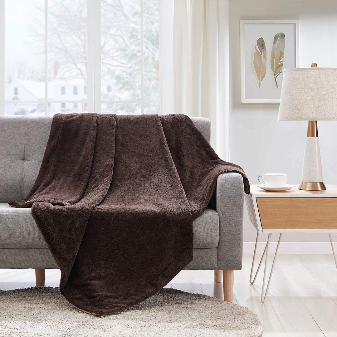 BOURINA Reversible Reversible Faux Fur Micromink Throw Blanket Lightweight Super Soft Cozy single blanket for Bed or Sofa ALL SEASONS (Coffee, 50"×60")