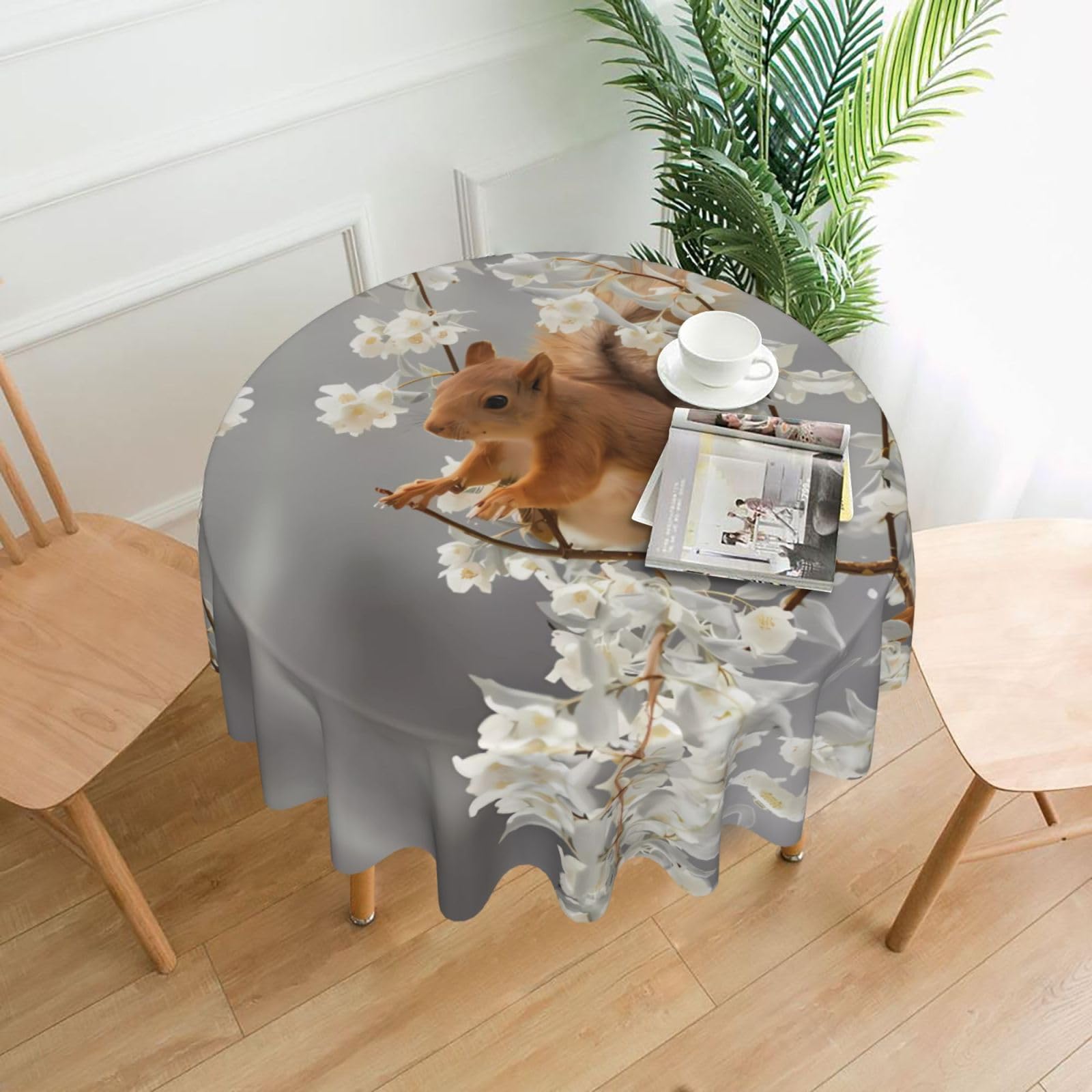 WHJSSF Squirrels in Spring Prints Round Decorative Table Throw 60 Inch – Waterproof Table Cover for Dining, Coffee Tables, and Outdoor Events