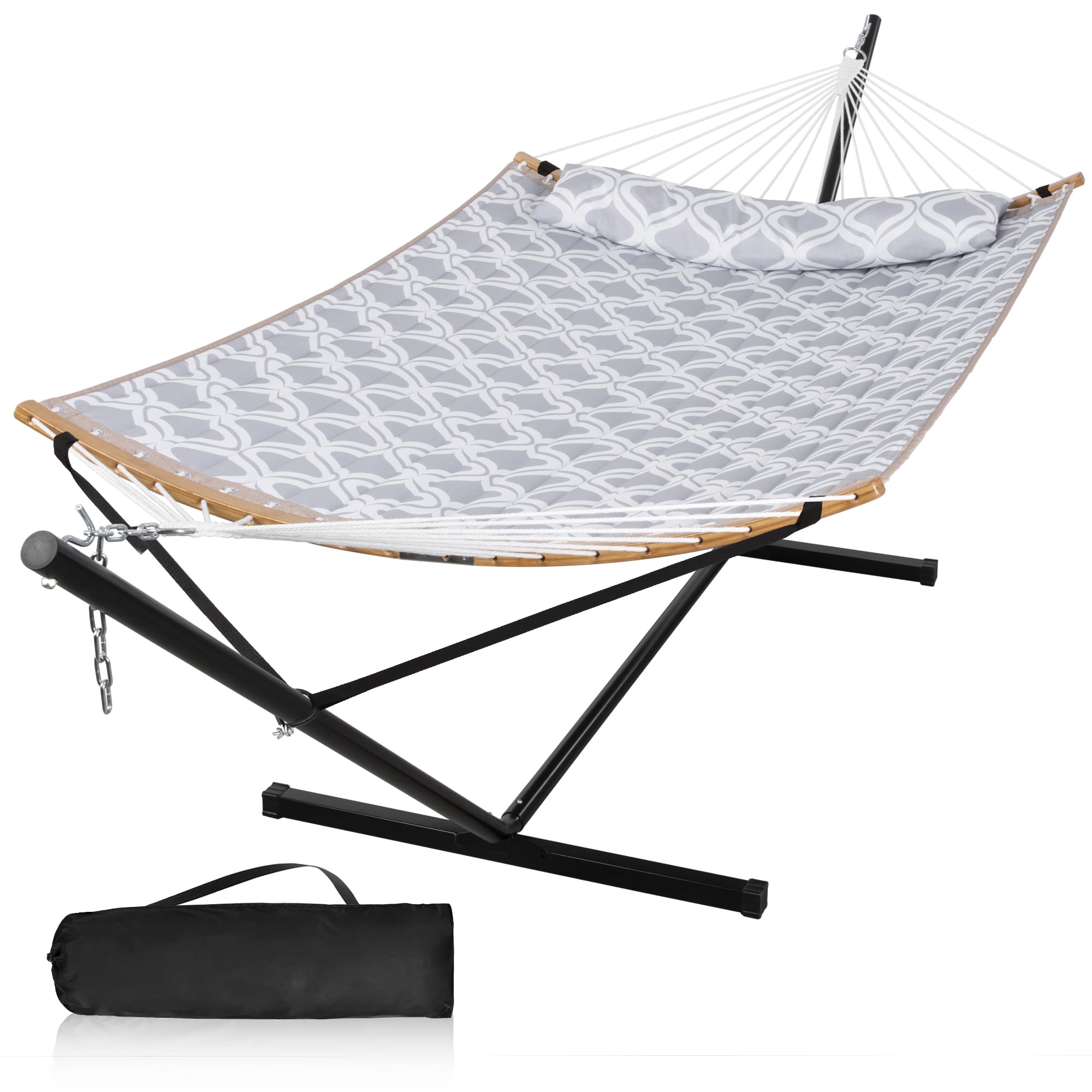 Hamacas de pie libre, de 12 pies, resistente 450 libras, hamaca doble persona con barra curva, hamacas solo para exteriores con almohada y bolsa portátil, ondulaciones grises