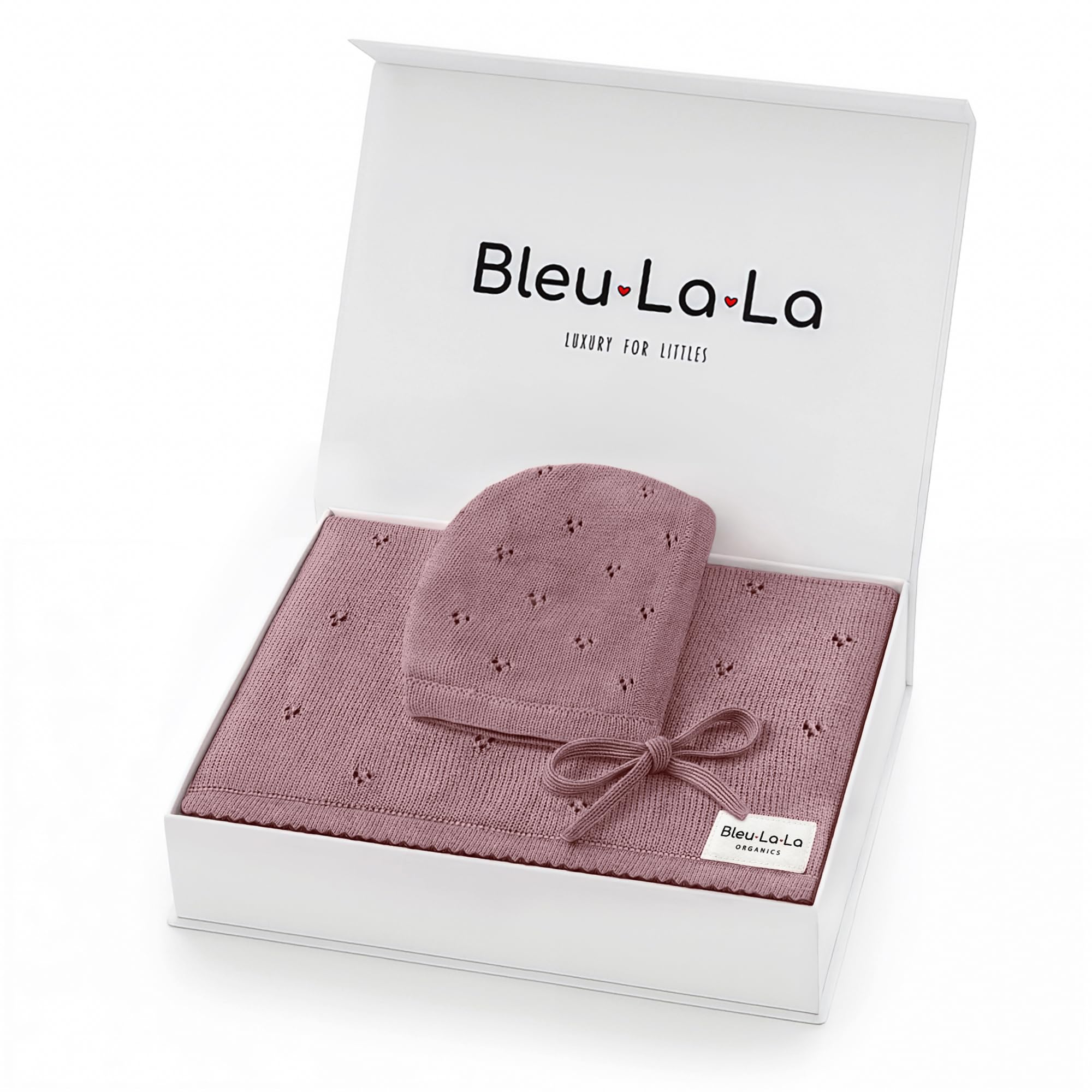 Bleu La La Baby Gift Set - Organic Cotton Newborn Blanket Essentials, Newborn Gift, Baby Girl Gift Basket (Pointelle - Sugar Plum)