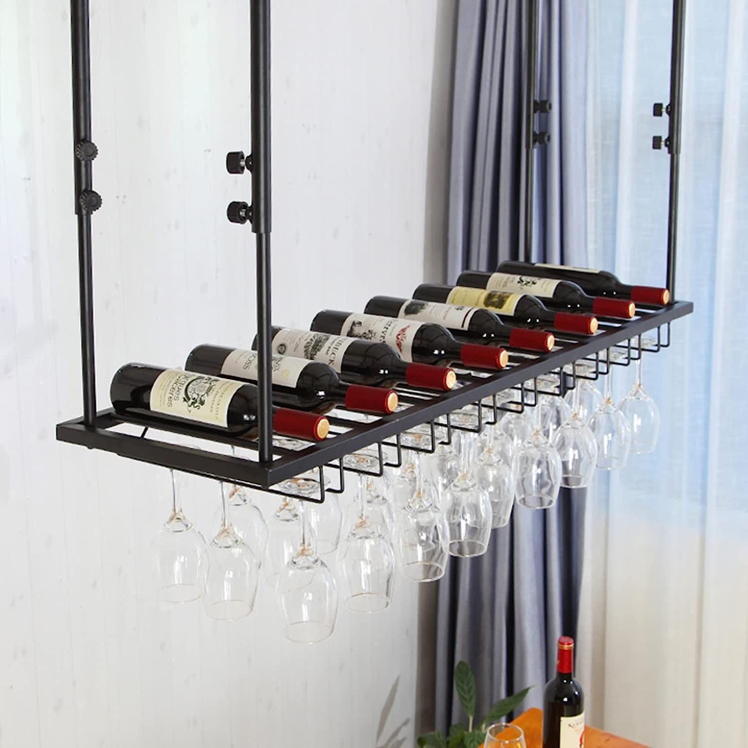 POLGDW Closet Hanging Wine Rack Ceiling Wine Glass Rack Insert | Wine Bottle Rack | Floating Organizer Wall Shelves | Adjustable Height, Back,60X35Cm