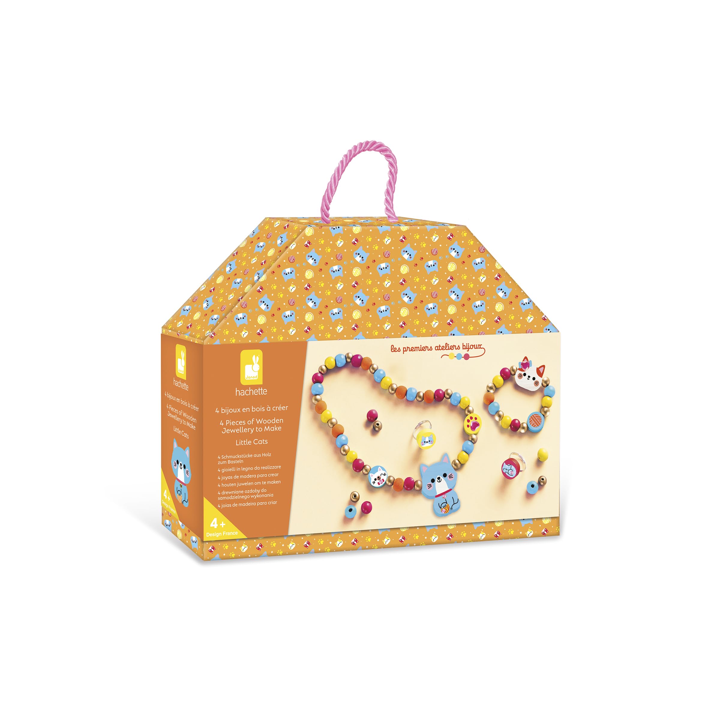 Janod - 4 Bijoux en Bois à Créer Petits Chats - Les Premiers Ateliers Bijoux - Kit Loisir Créatif Enfant - Apprentissage Motricité Fine et Concentration – Dès 4 Ans