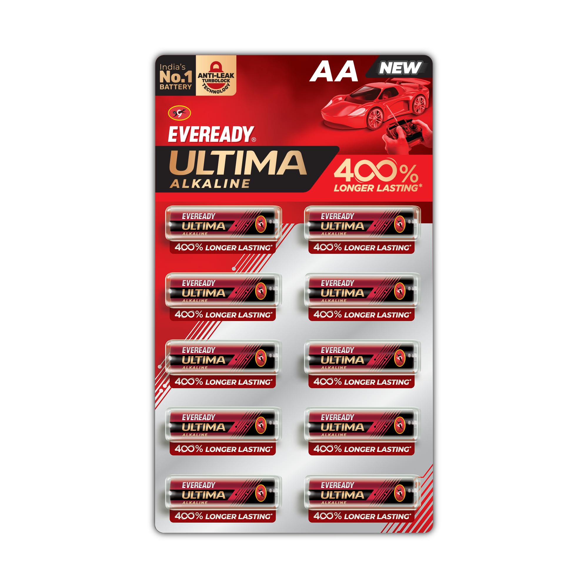 Eveready Ultima Alkaline AA Battery, 400% Longer Lasting, Anti-Leak Turbolock Technology, Eco-Friendly Batteries for High-Drain Devices Household Devices & Toys, Pack of 10