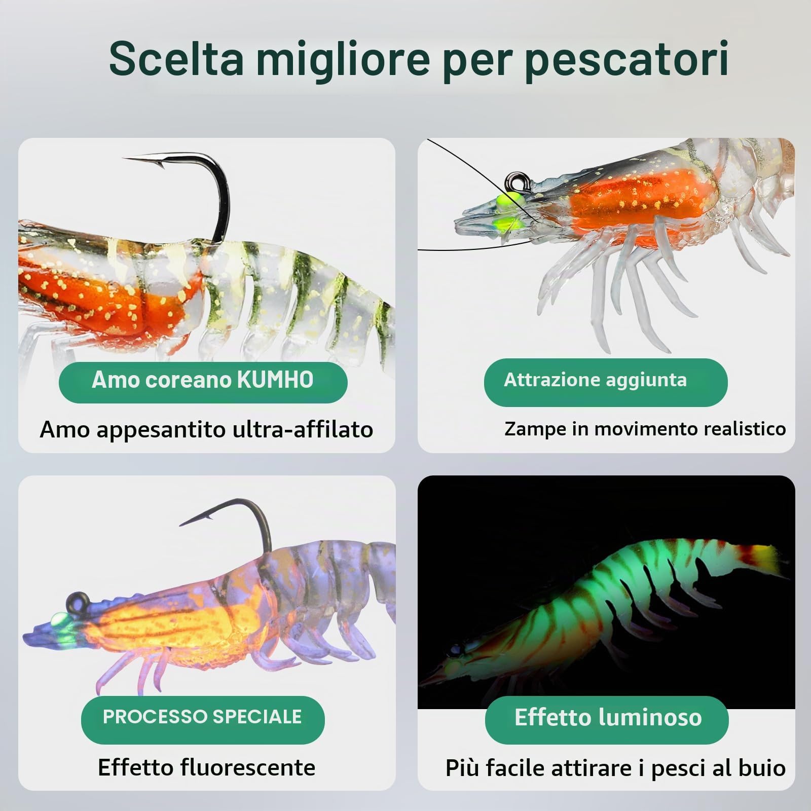 TRUSCEND Esche Artificiali Da Pesca Pre-Innescate Per Acqua Dolce E Salata, Esca Innovative Super Resistenti In TPE Per Spigole E Trote, Esche Artificiale Simili A Gamberi, Da Tenere Separatamente