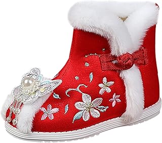 Botas de algodão estilo étnico para crianças Gilrs sapatos de pano botas de neve quentes de inverno bordado macacão de natal bebê menina (vermelho, 4,5-5 anos criança pequena)