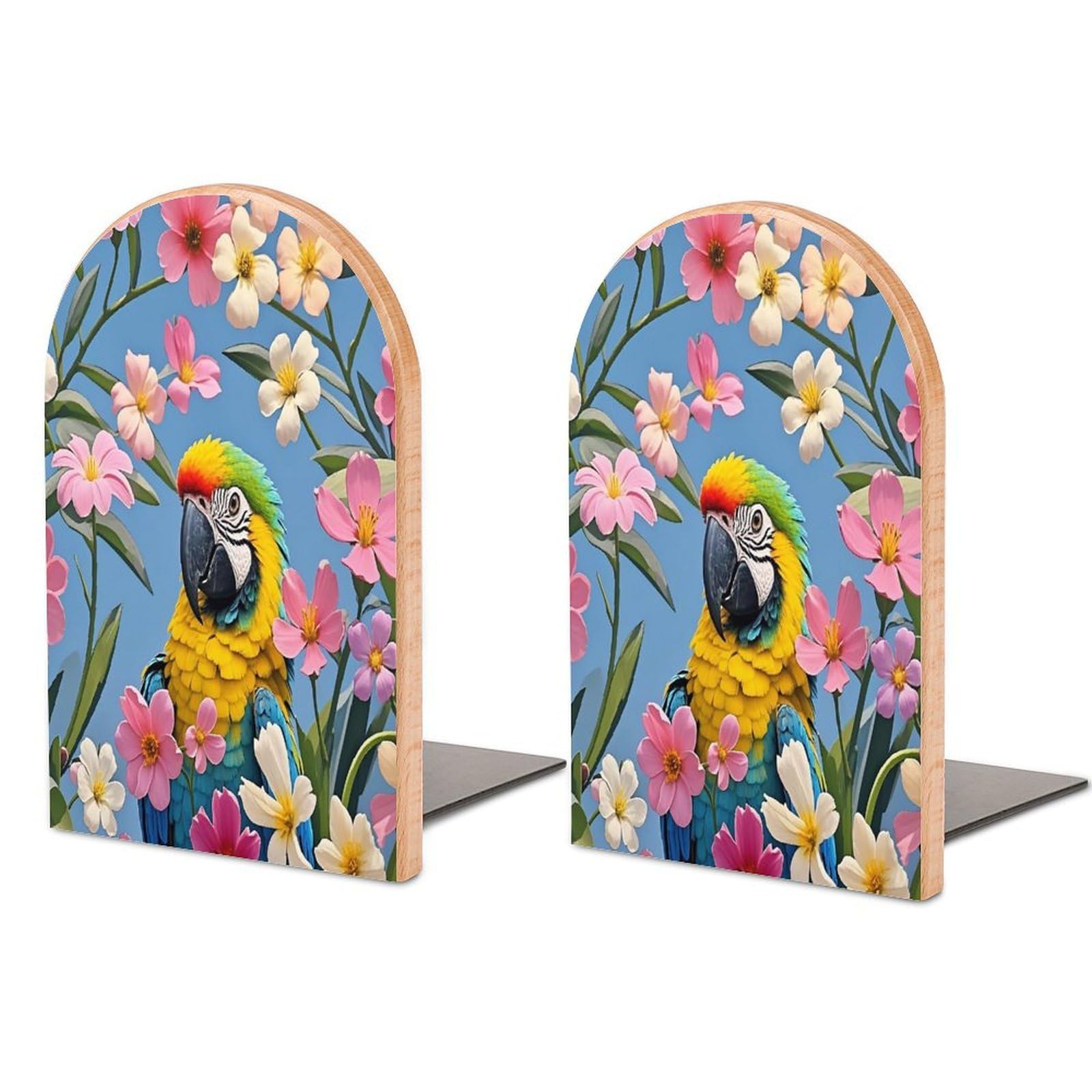 Lots of Flowers and Birds Bookend for Shelves Unique Book End Sturdy Books Holder Heavy Duty Wooden Bookends Support Non-Slip Book Organizers Decorative Modern Bookend Holder for Home