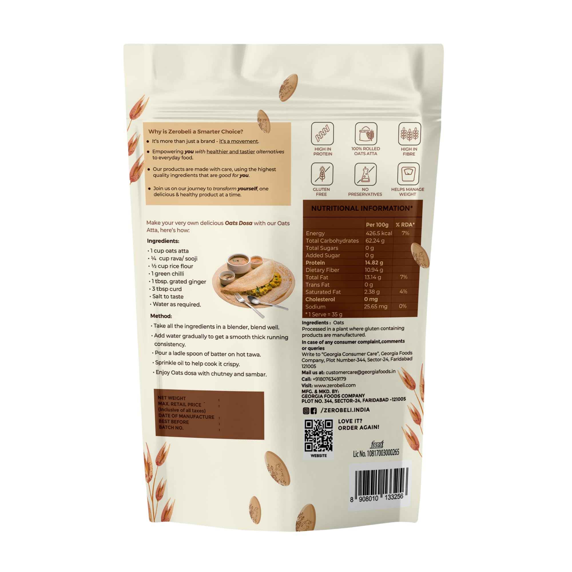 Zerobeli Purely Natural Oats Flour Atta 1kg | High in Fiber & Protein | Gluten-Free & No Preservatives | Freshly Ground from Wholegrain Oats | Perfect for Baking & Cooking | Great for Gut Health - Image 2 thumbnail