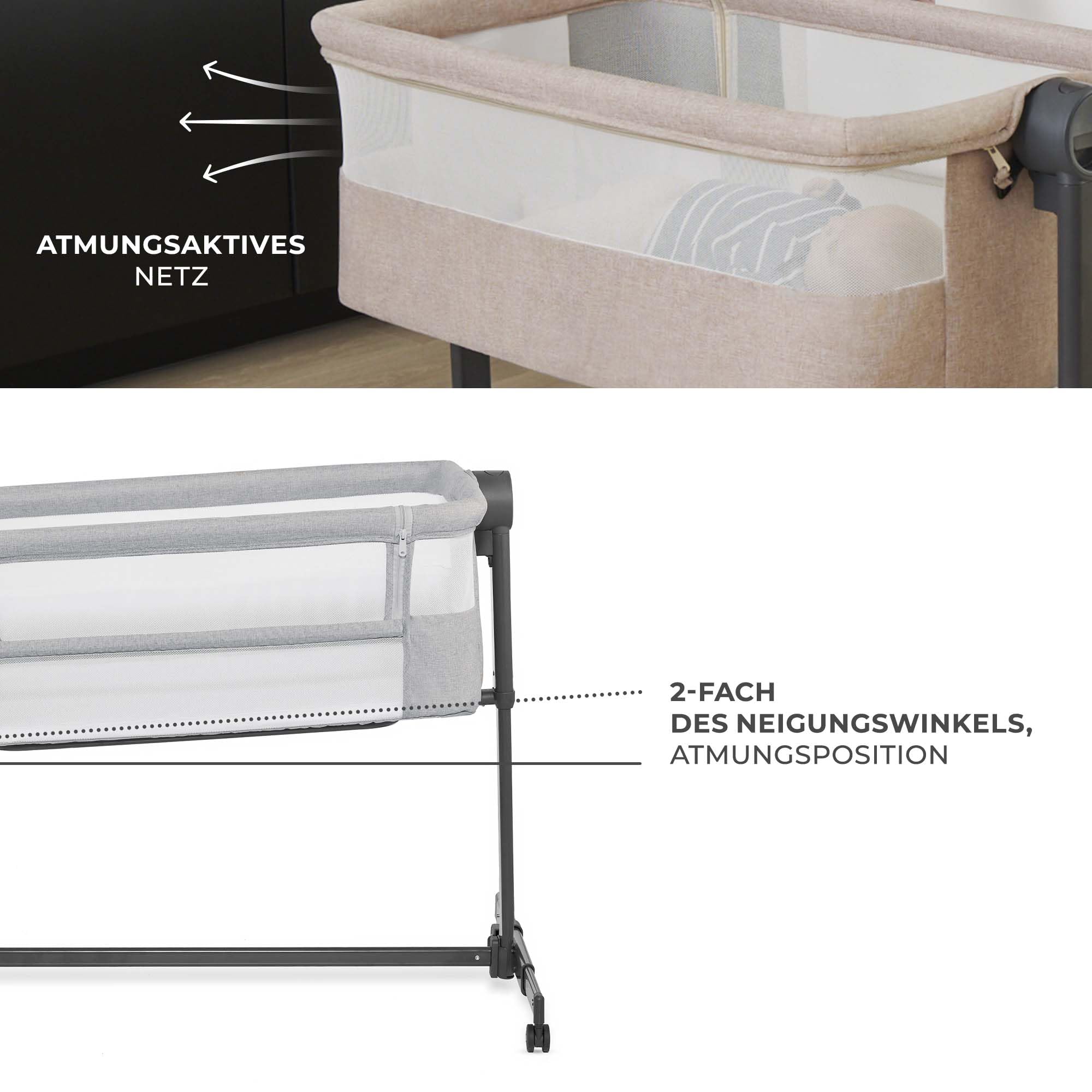 Kinderkraft NESTEE UP 2 Beistellbett 2 in 1, Kinderreisebett mit Matratze Laken, 5-stufige Matratzenhöhenverstellung, 4 Rädern mit Bremse, Weichen Material, Leichte Konstruktion, Grau