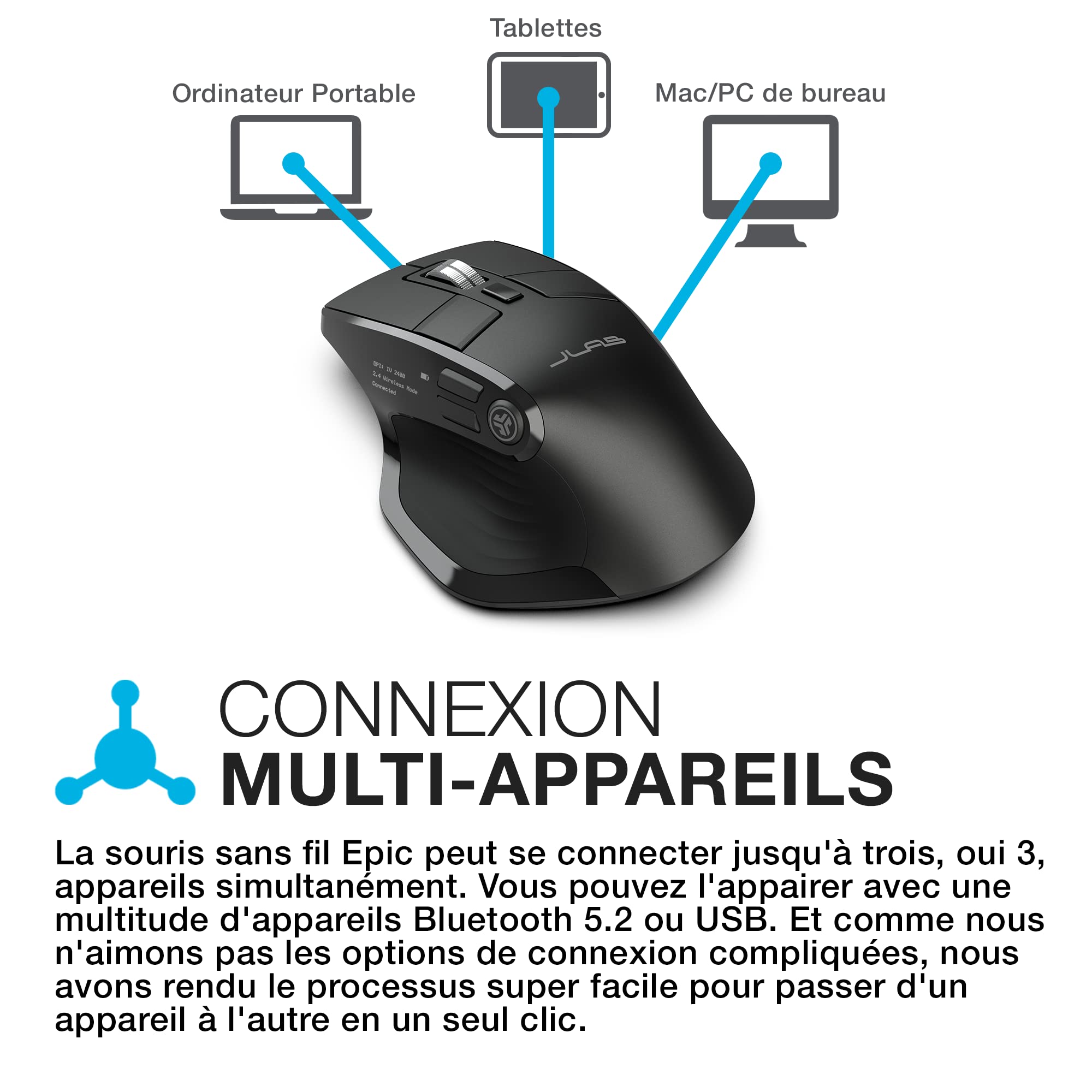 JLab Epic Souris sans Fil Bluetooth Rechargeable - Ergonomique Silencieuse | Souris Ergonomique sans Fil Silencieuse, Bluetooth/Récepteur USB Multi Appareils, pour PC Portable/Ordinateur/Tablette/Mac