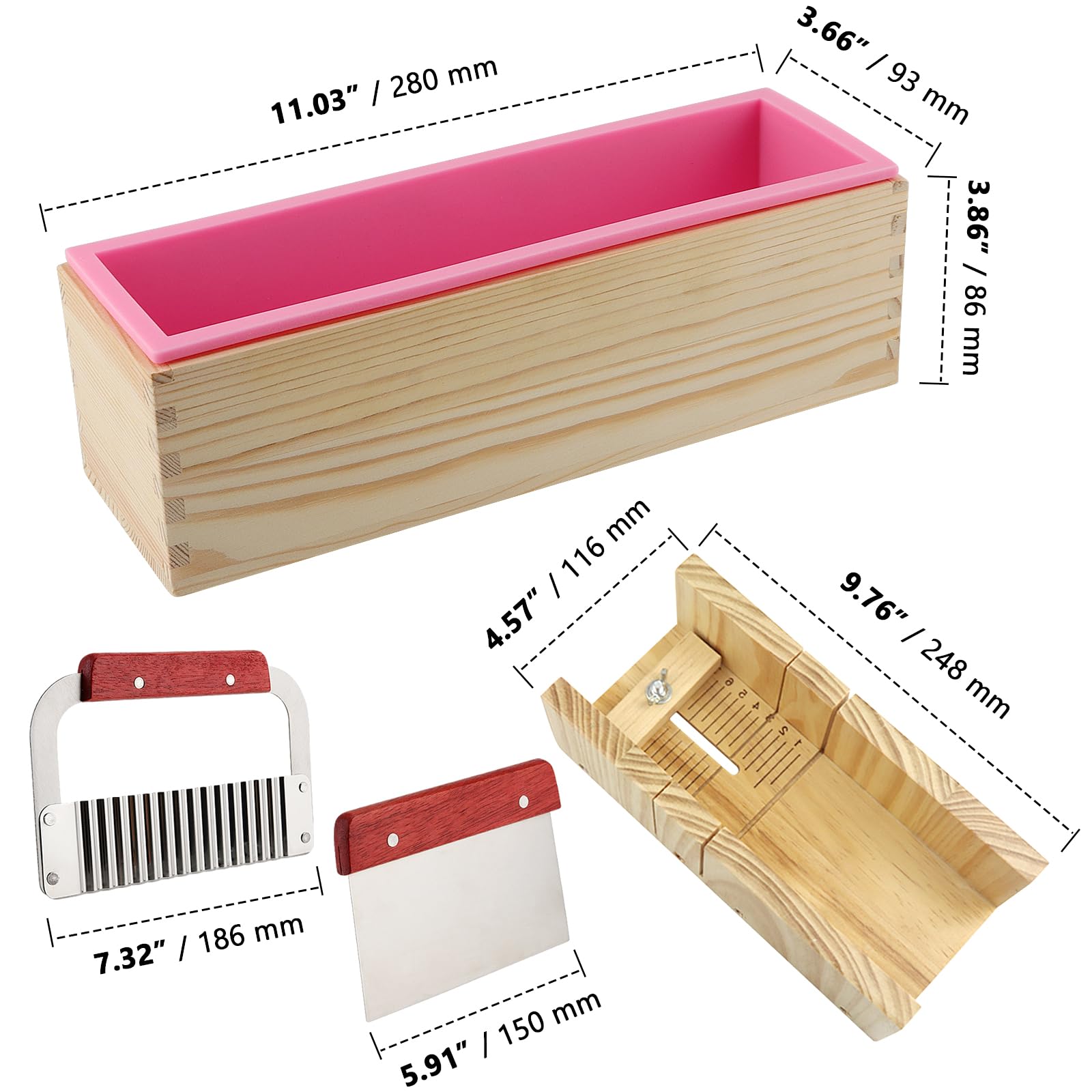ZOENHOU Lot de 7 moules à savon rectangulaires en silicone avec trancheuse ondulée en acier inoxydable et trancheuse droite, kit de fabrication de savon rectangulaire en silicone avec boîte en bois