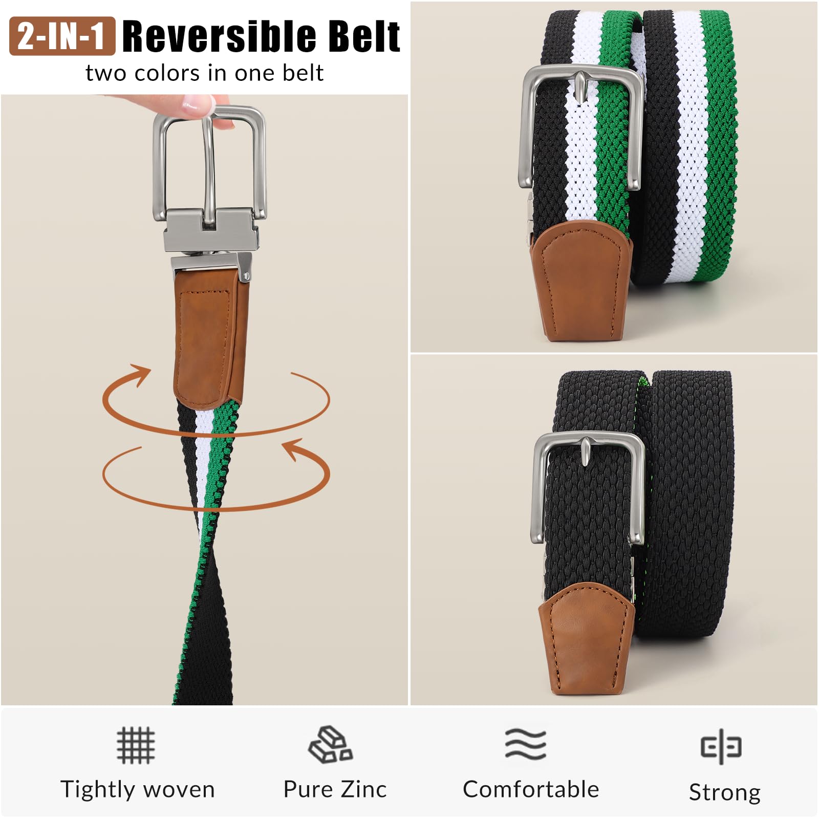 SANSTHS Reversible Braided Belt for Men and Women, Elastic Stretch Woven Golf Belts for Men, Casual Jeans Sports Work 1 3/8