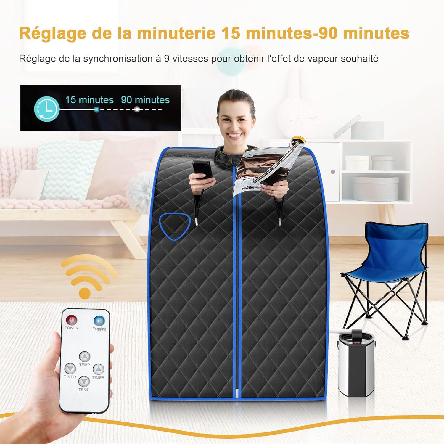GOPLUS 1000W Sauna à Vapeur Portable 3L, Sauna Cabine Pliable avec Chaise, Température Réglable à 64℃, 9 Minuterie Réglable, Fonction d’atomisation pour Soulagement(Noir)