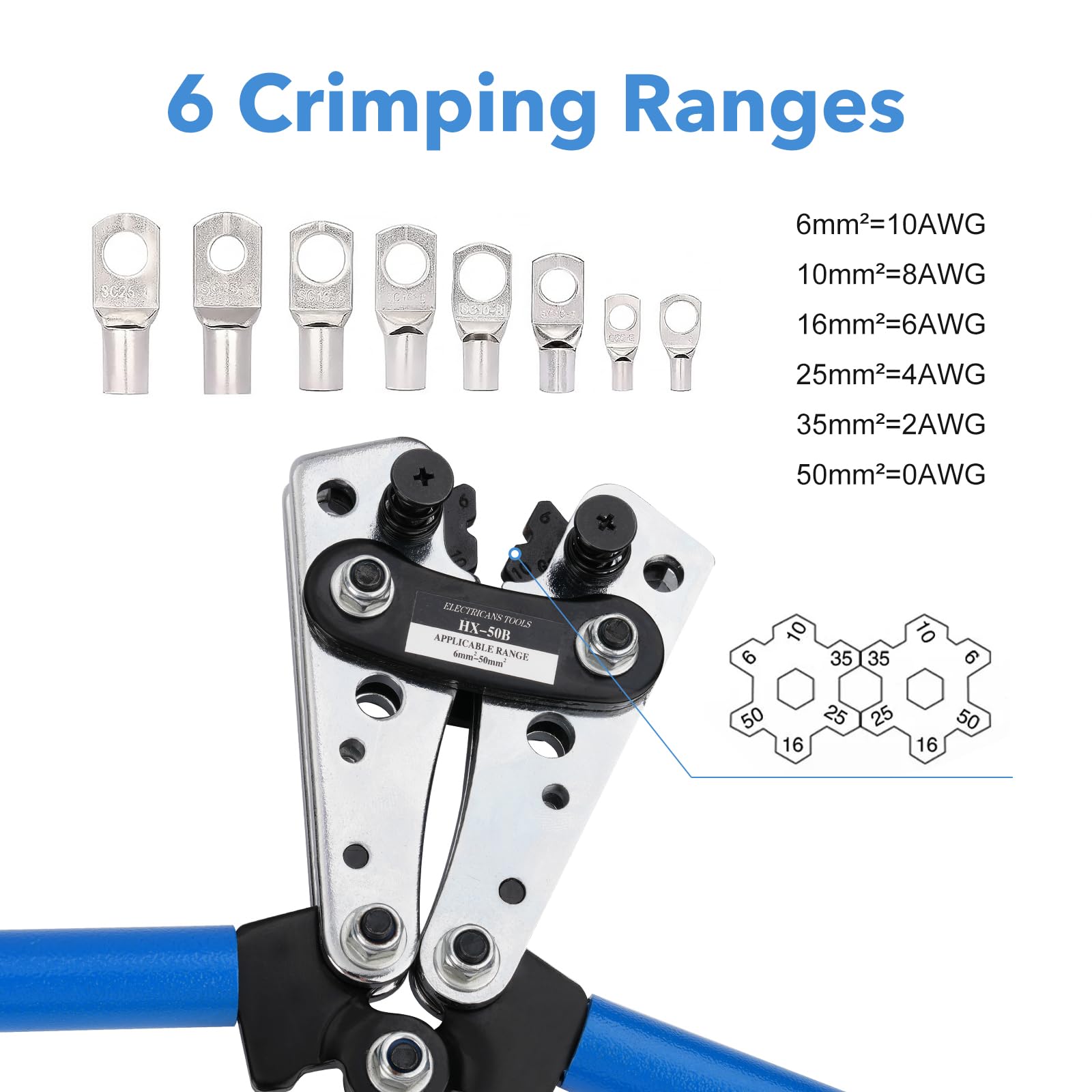 Pinza Crimpatrice Capicorda, Pinza Cavi Capicorda Elettrici Batteria, Strumento per Crimpare Fili Elettrico Capicorda, Crimping Tool, per Crimpare Cavi da 6 a 50 mm² (10-1/0AWG)