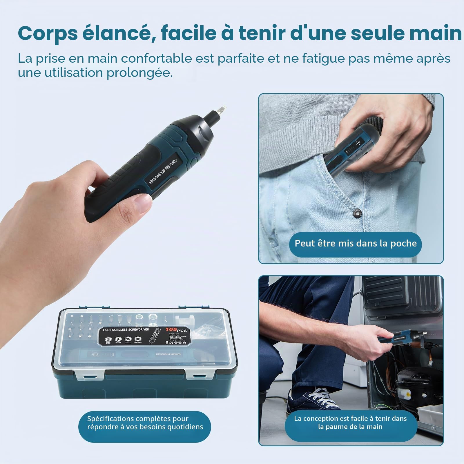 Tournevis électrique sans fil 105 en 1, mini tournevis électrique rechargeable 3,6 V avec couple de 4 engrenages et lumière LED, couple maximum de 5 N.m, idéal pour un usage quotidien et industriel