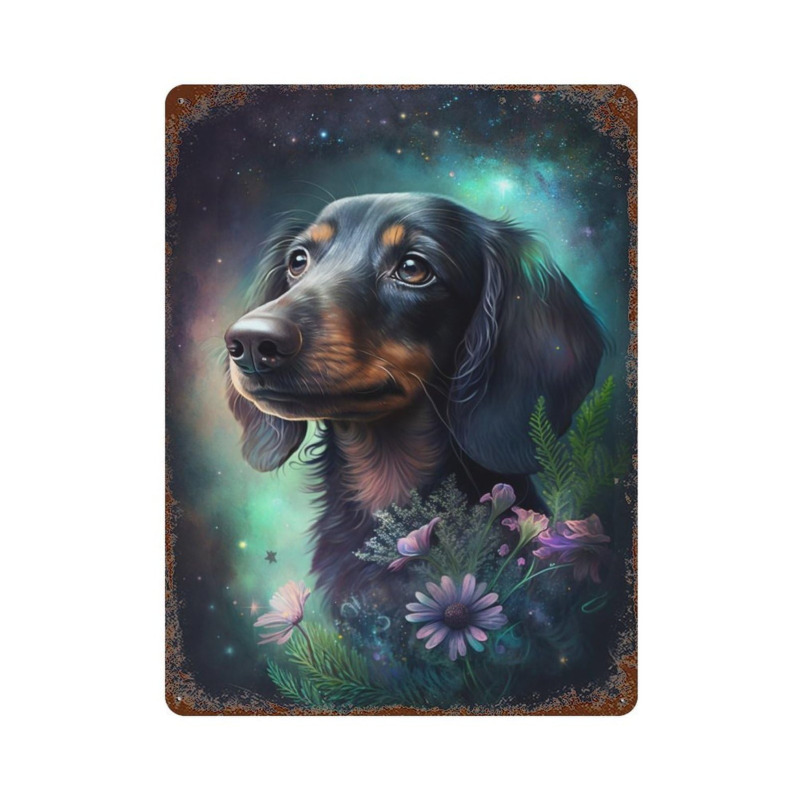 Galactic Dachshund with Flowers -4 Rusty Metal Tin Sign 15.7"x11.8", Old School Wall Decor for Garage, Pub Or Kitchen
