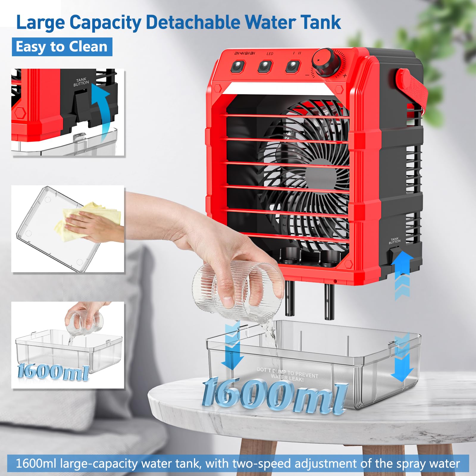 Ventilatore nebulizzatore portatile compatibile per batteria milwaukee da 18 V (senza batteria) o alimentato tramite USB, ventola di raffreddamento per camera da letto con 7 luci, timer 8H, serbatoio