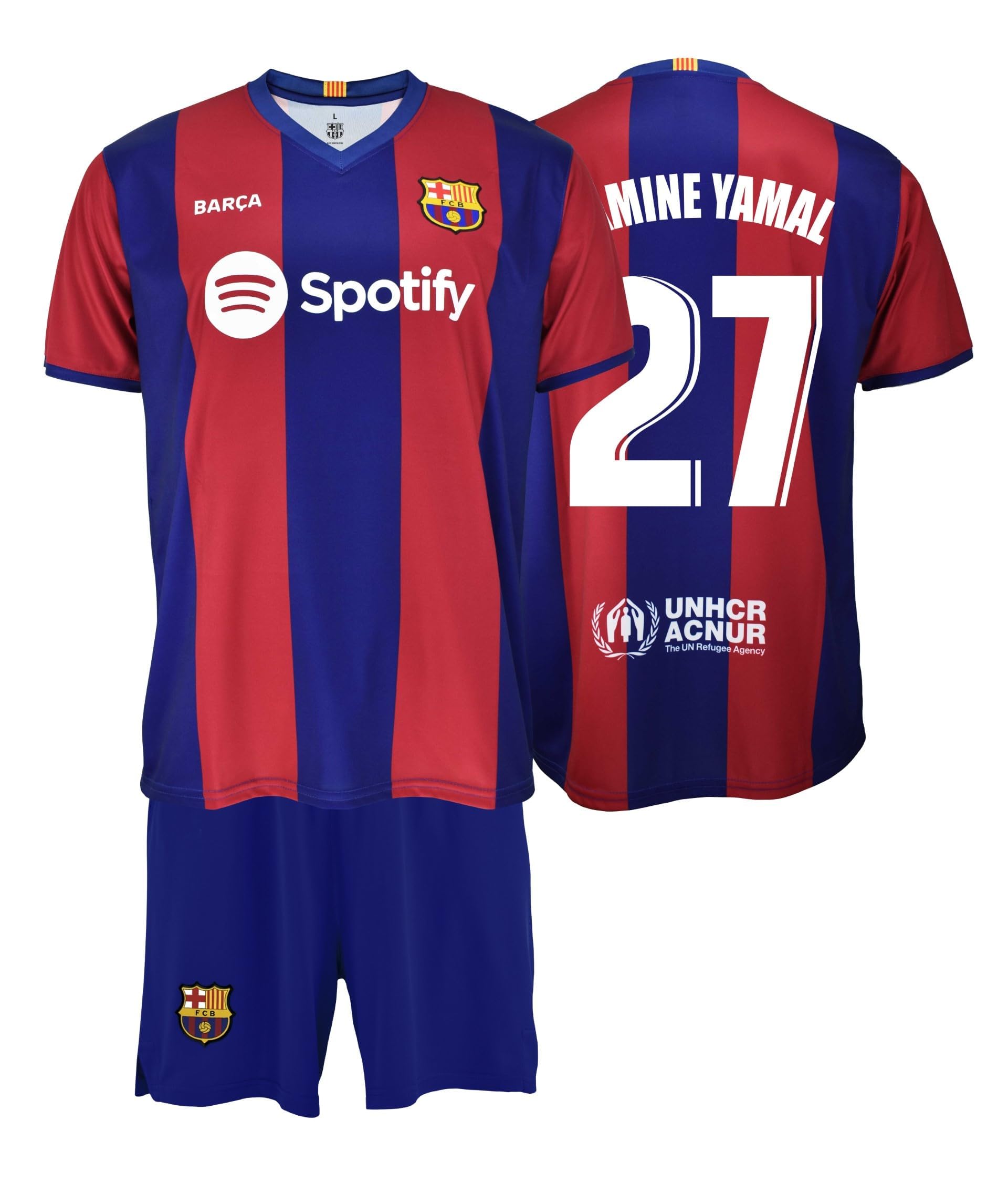 Barcelona Conjunto Camiseta y Pantalón niño 1ª EQ 2023-24 Replica Licencia - Dorsal 27 LAMINE YAMAL Talla niño 10 años