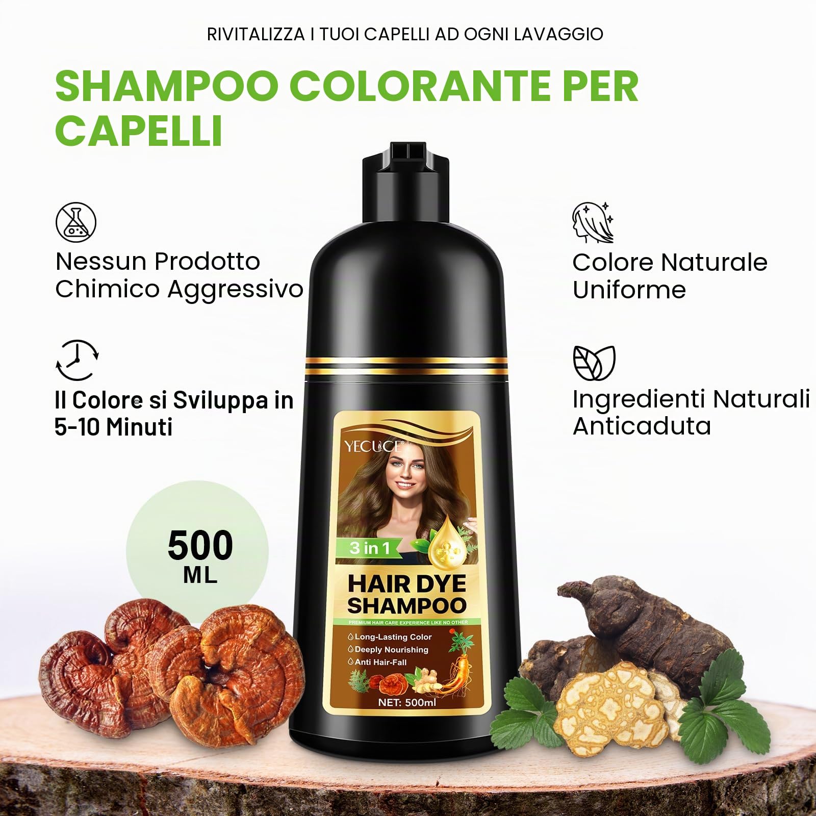 Shampoo colorante per capelli grigi 5 colori, 3 in 1, a lunga durata, shampoo per capelli istantanei, per uomini e donne, ingredienti aromatici (500 ml) (caffè)
